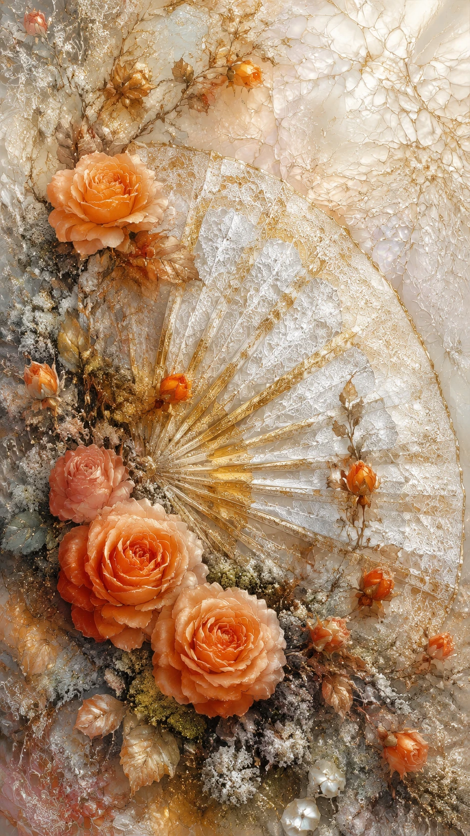 Fleurs d’automne avec éventail en dentelle dorée et accents lumineux