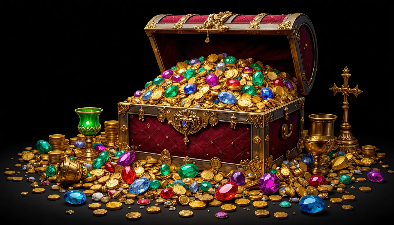 Scrigno del tesoro decorato colmo d’oro e gioielli
