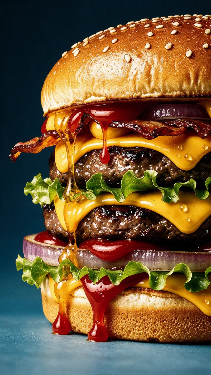 Pop-Art-Nahaufnahme eines hoch aufgetürmten Gourmet-Burger-Stacks