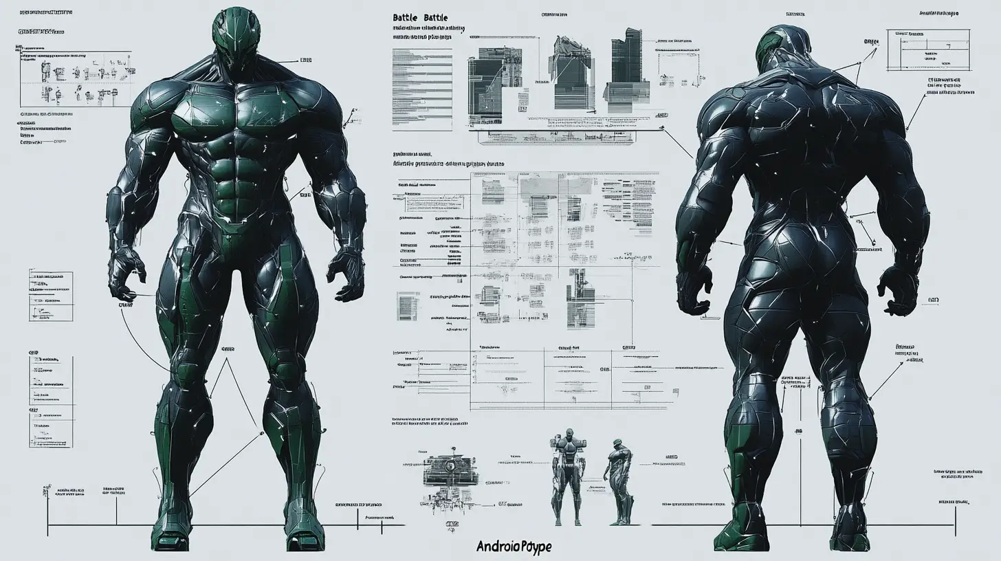 Technische Diagramme eines gigantischen Kampf-Cyborg-Prototyps