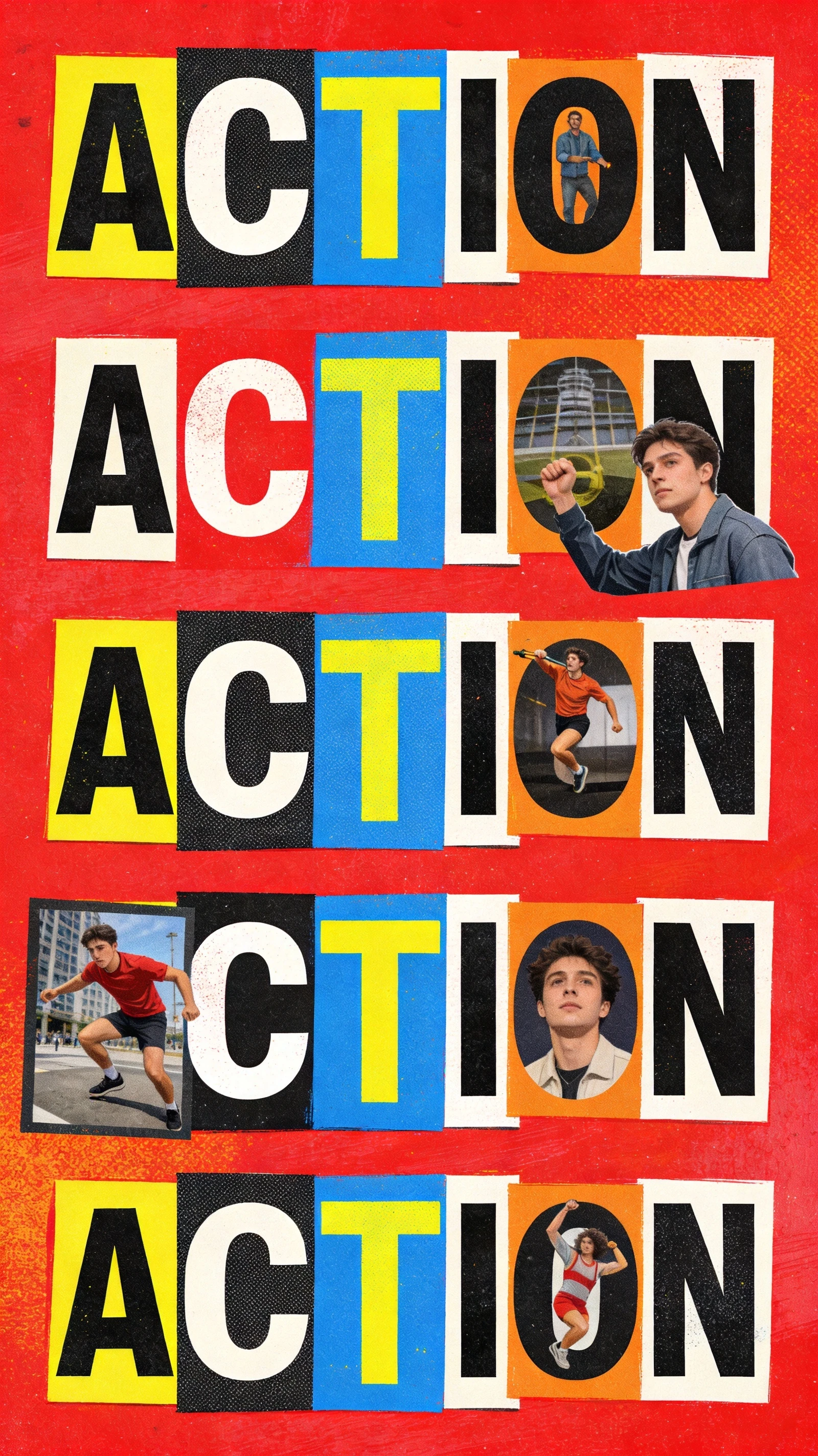Pôster editorial em colagem com tipografia ACTION em destaque