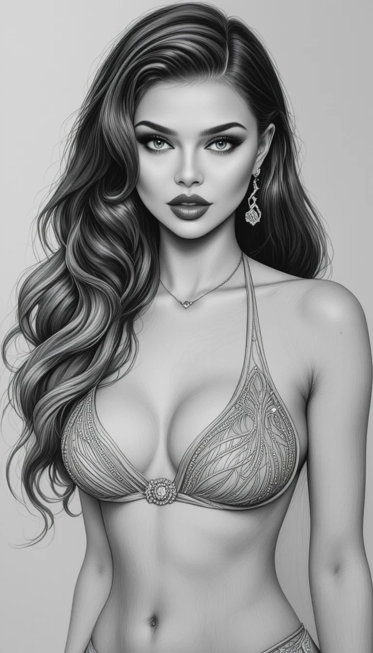 Pencil portrait of a blonde woman in a bikini by the pool