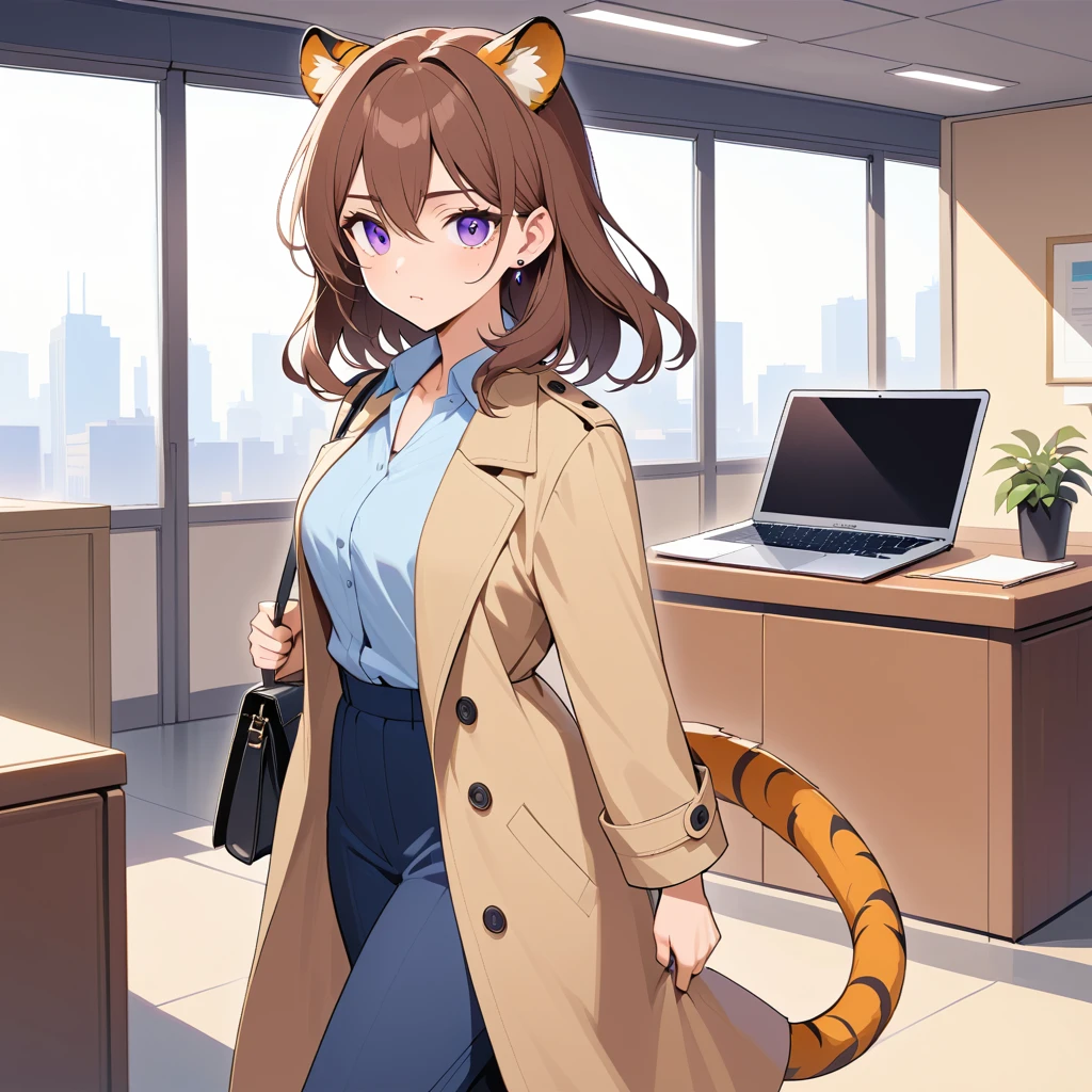 Elegante Frau mit Tigerohren geht durch ein modernes Büro