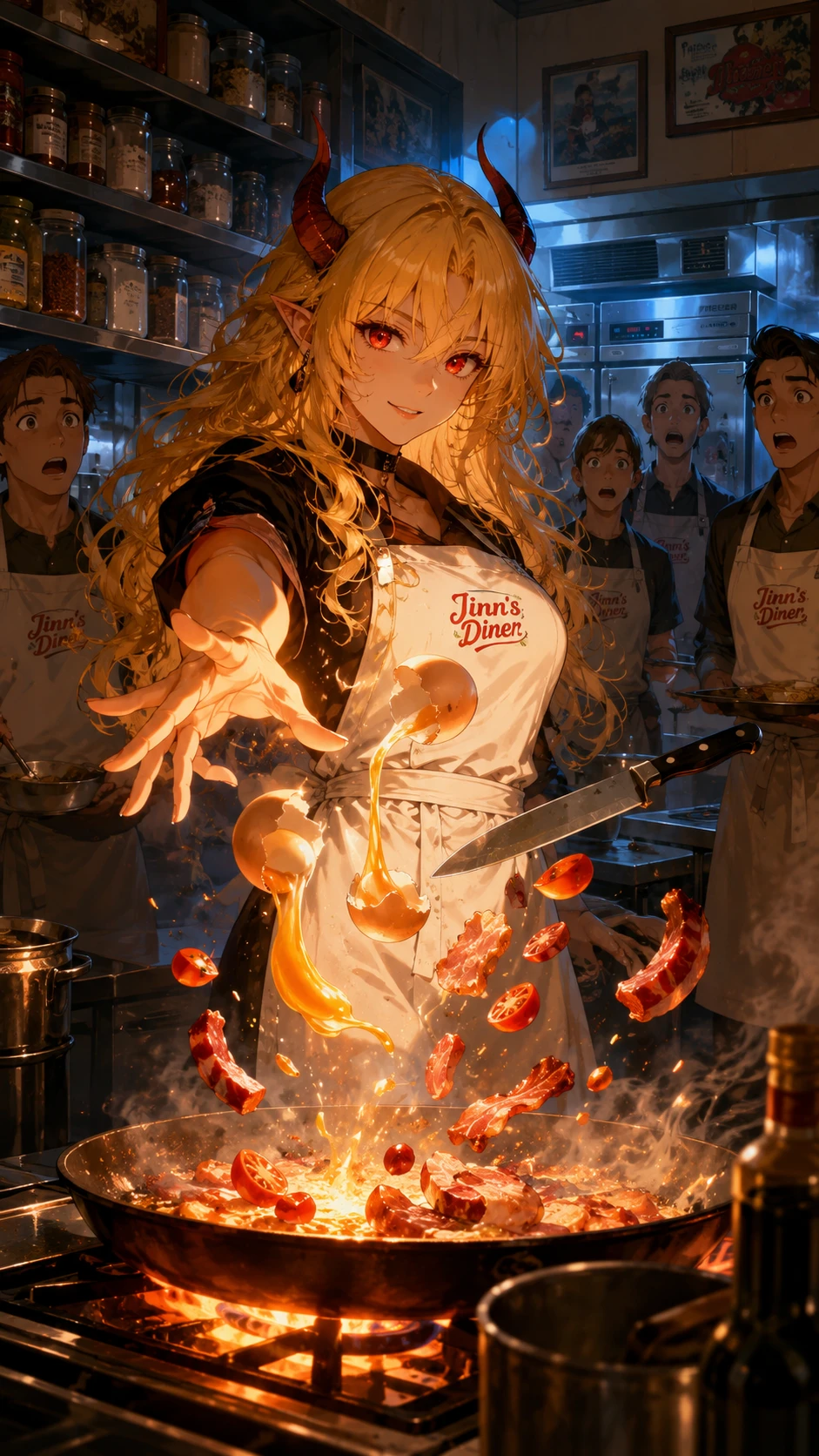 Demon chef girl conjuring magic in a busy diner kitchen