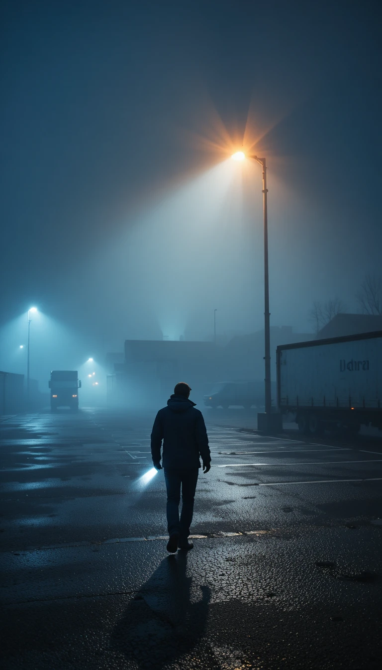 Estacionamento de caminhões em rodovia com neblina e trabalhador solitário à noite
