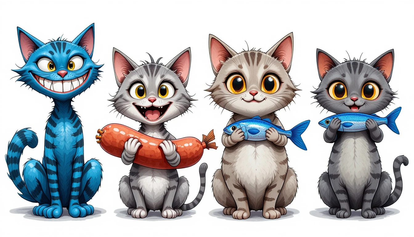 Quatro gatos de desenho animado brincalhões em um fundo branco limpo