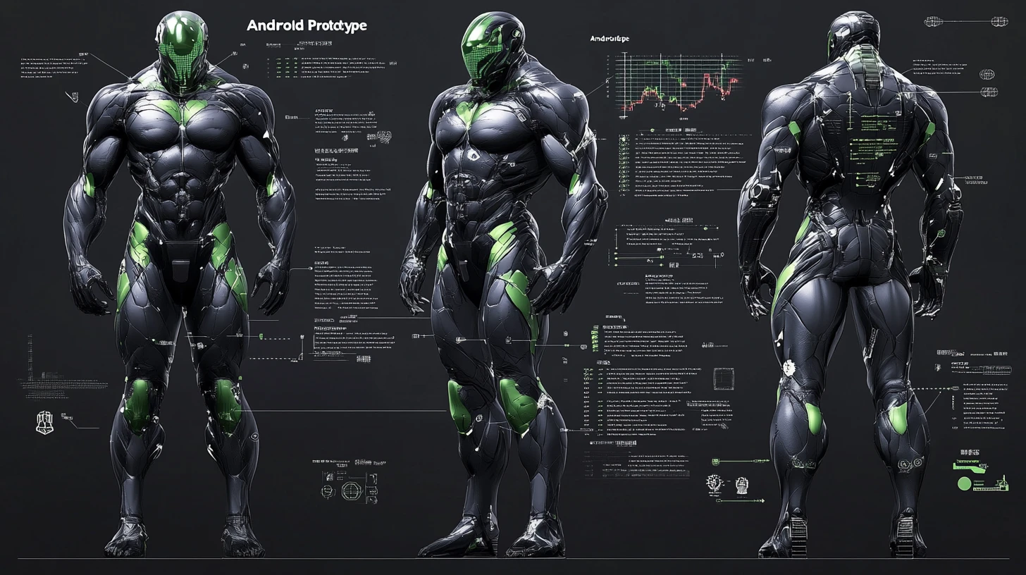 Diagrama 3D de corpo inteiro de um protótipo gigante de ciborgue de batalha