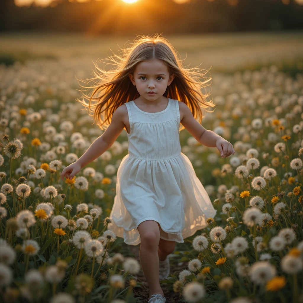 Giovane ragazza che corre in un prato di soffioni al tramonto