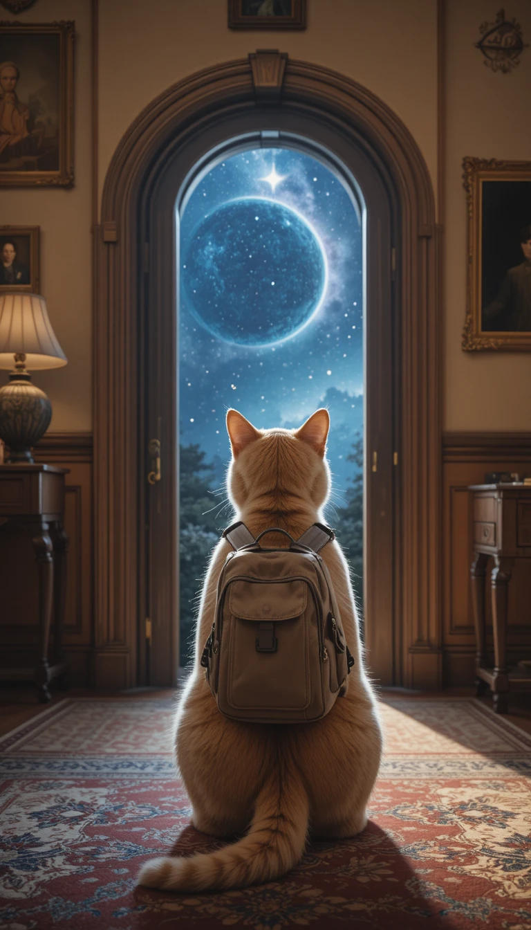 Katze mit Rucksack vor Stargate im viktorianischen Salon