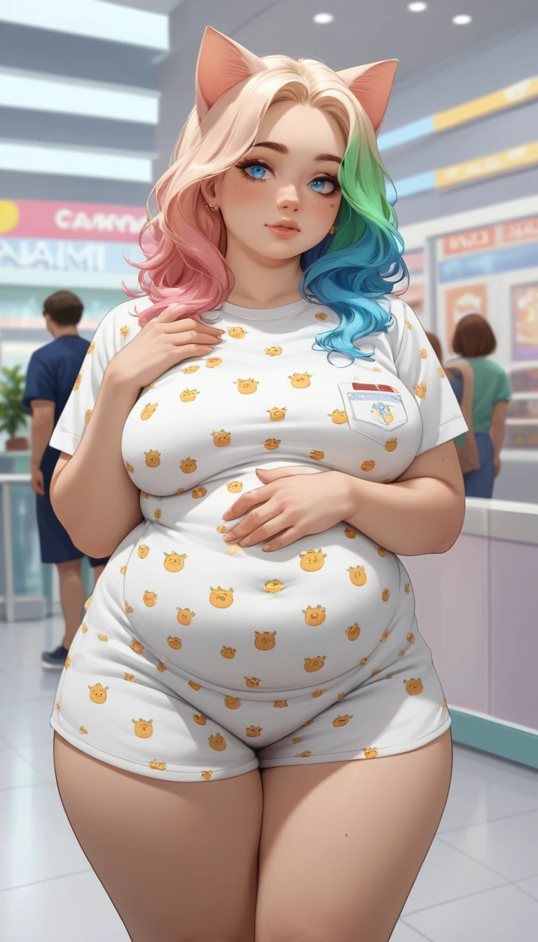 Garota-gato de anime de olhos azuis de pijama em close