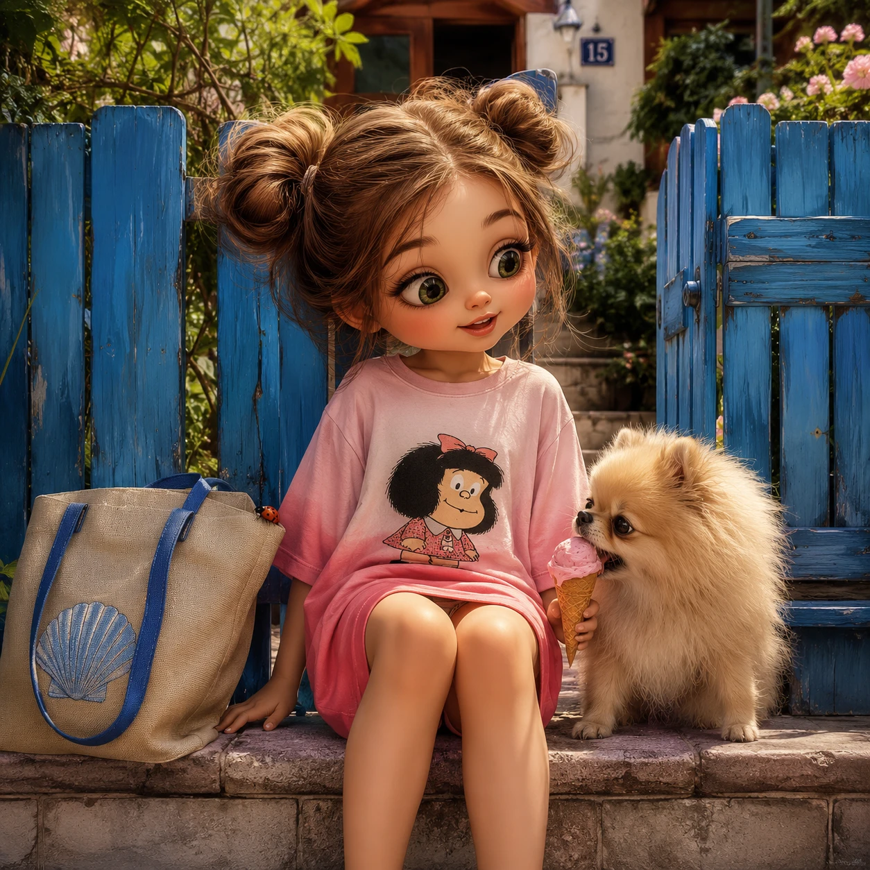 Ragazza stilizzata sui gradini di una casa vacanze con il suo volpino di Pomerania