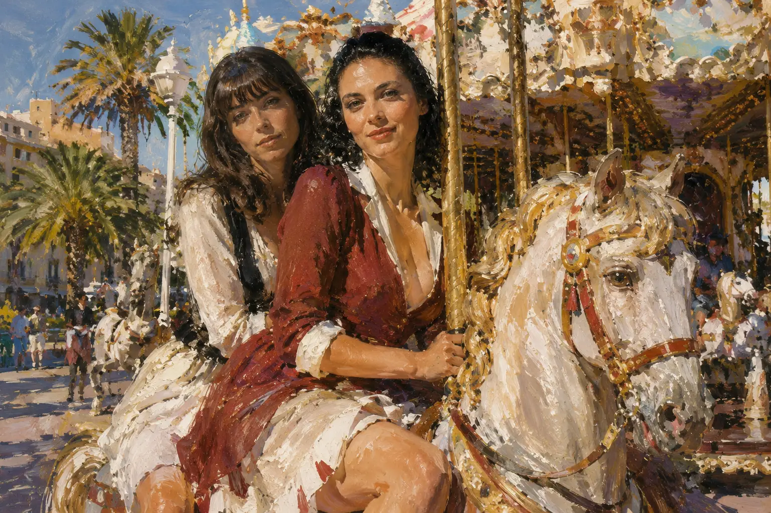 Two joyful girls sitting on a carousel horse painting