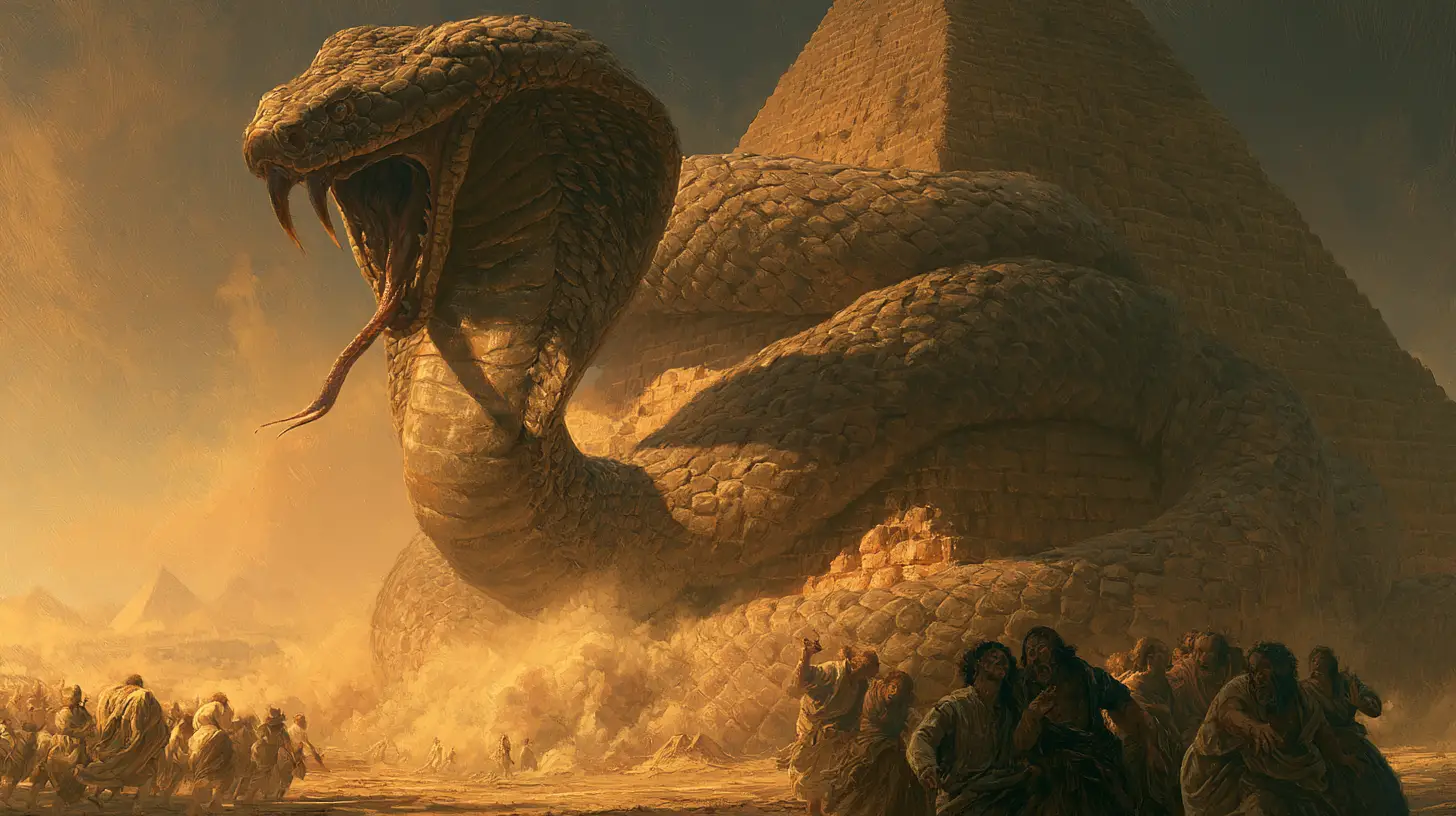 Giant Cobra Coiled Around The Great Pyramid At Sunset