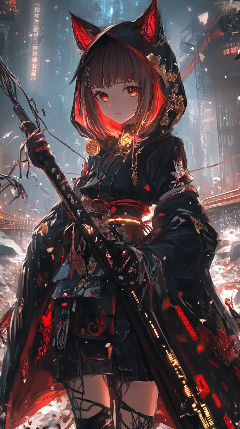 Anime-Mädchen im prunkvollen Outfit mit leuchtendem Katana
