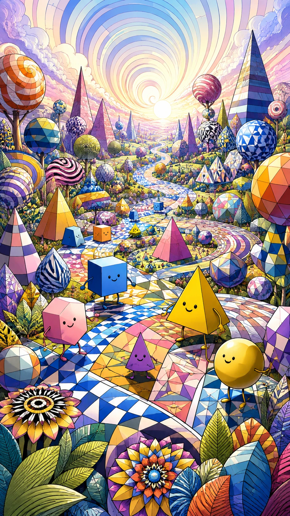 Terra geométrica colorida em um mundo matemático surreal