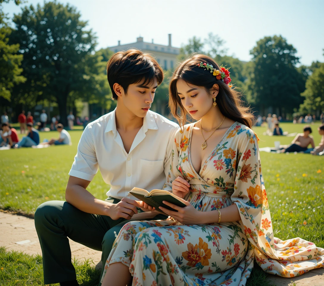 Young couple relaxing together in a sunny park