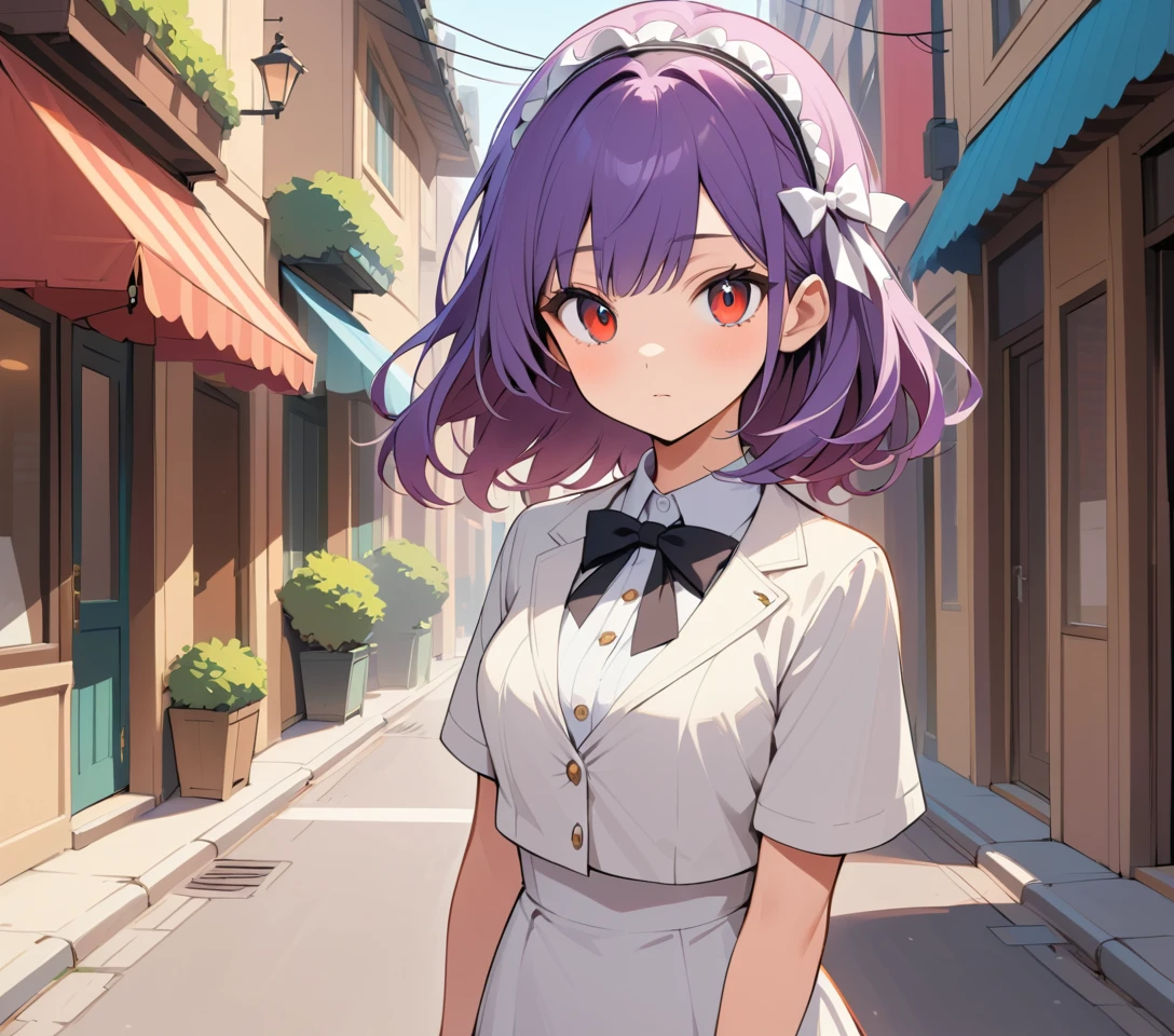 Garota de anime de roupa branca em uma rua da cidade