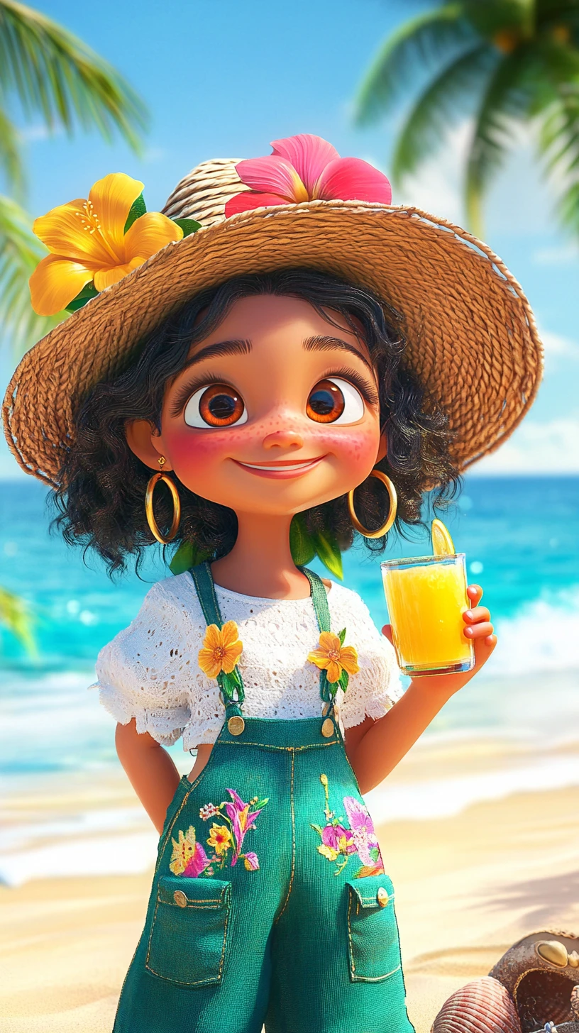 Menina sorridente com suco em uma praia tropical ensolarada