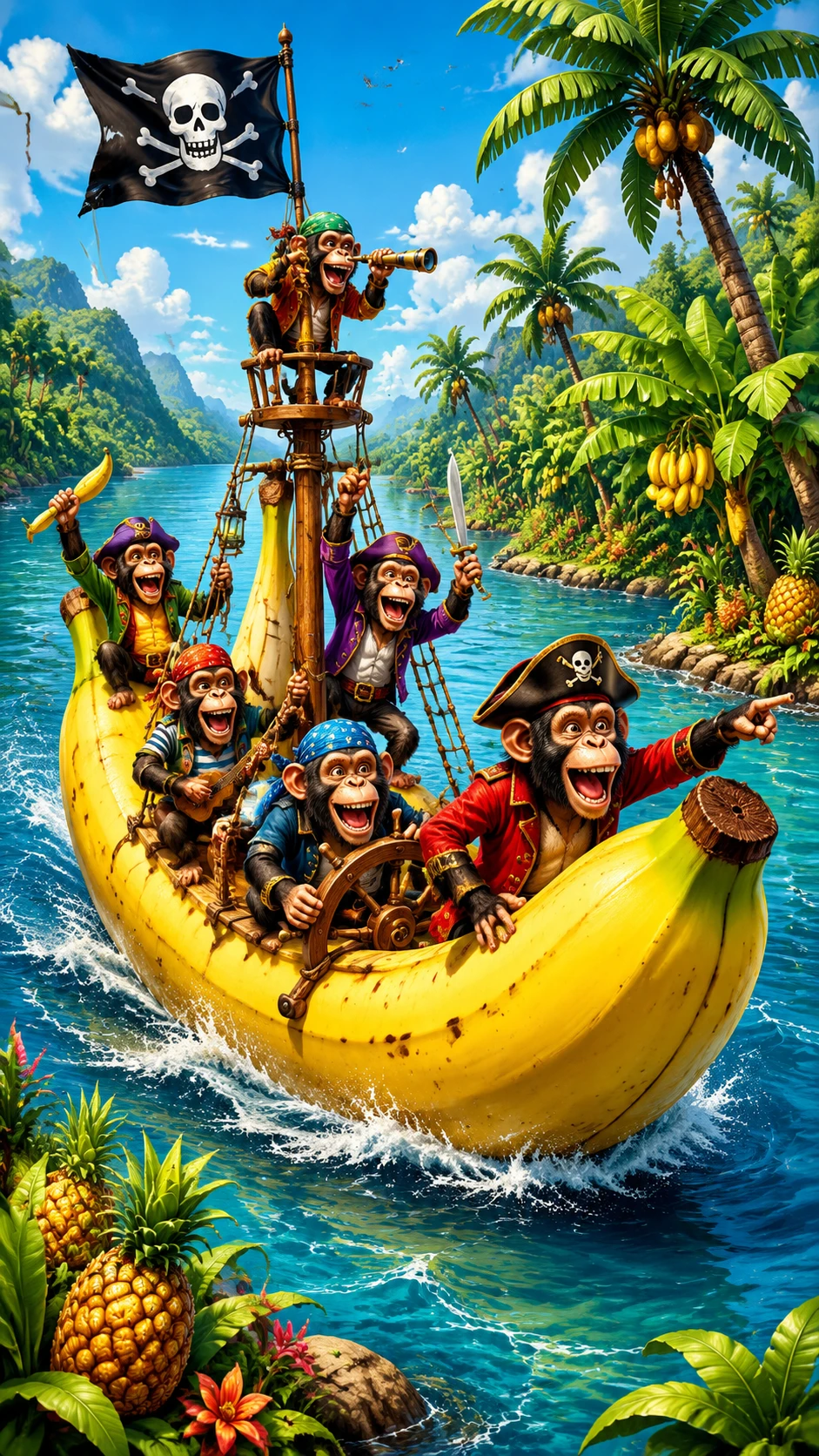 Piratas Chimpanzés Navegando em um Navio Banana Gigante