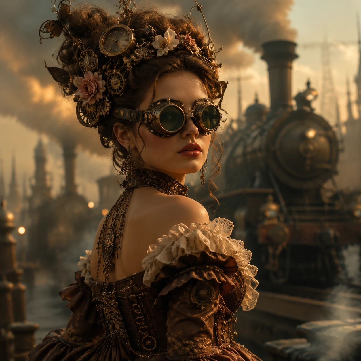 Muse steampunk aux lunettes d’aviateur dans la brume du crépuscule