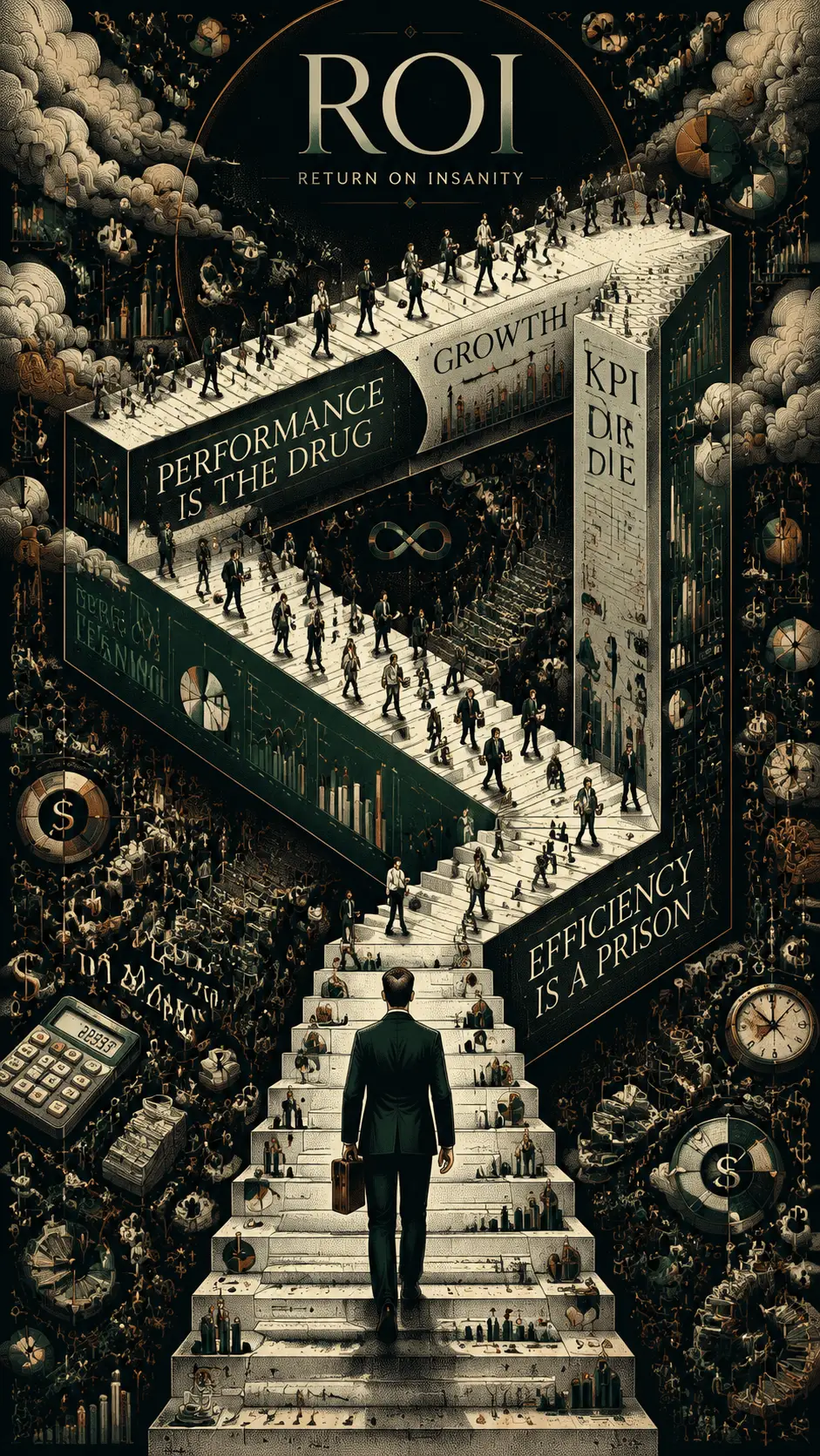 Executive climbing surreal staircase of endless kpi charts