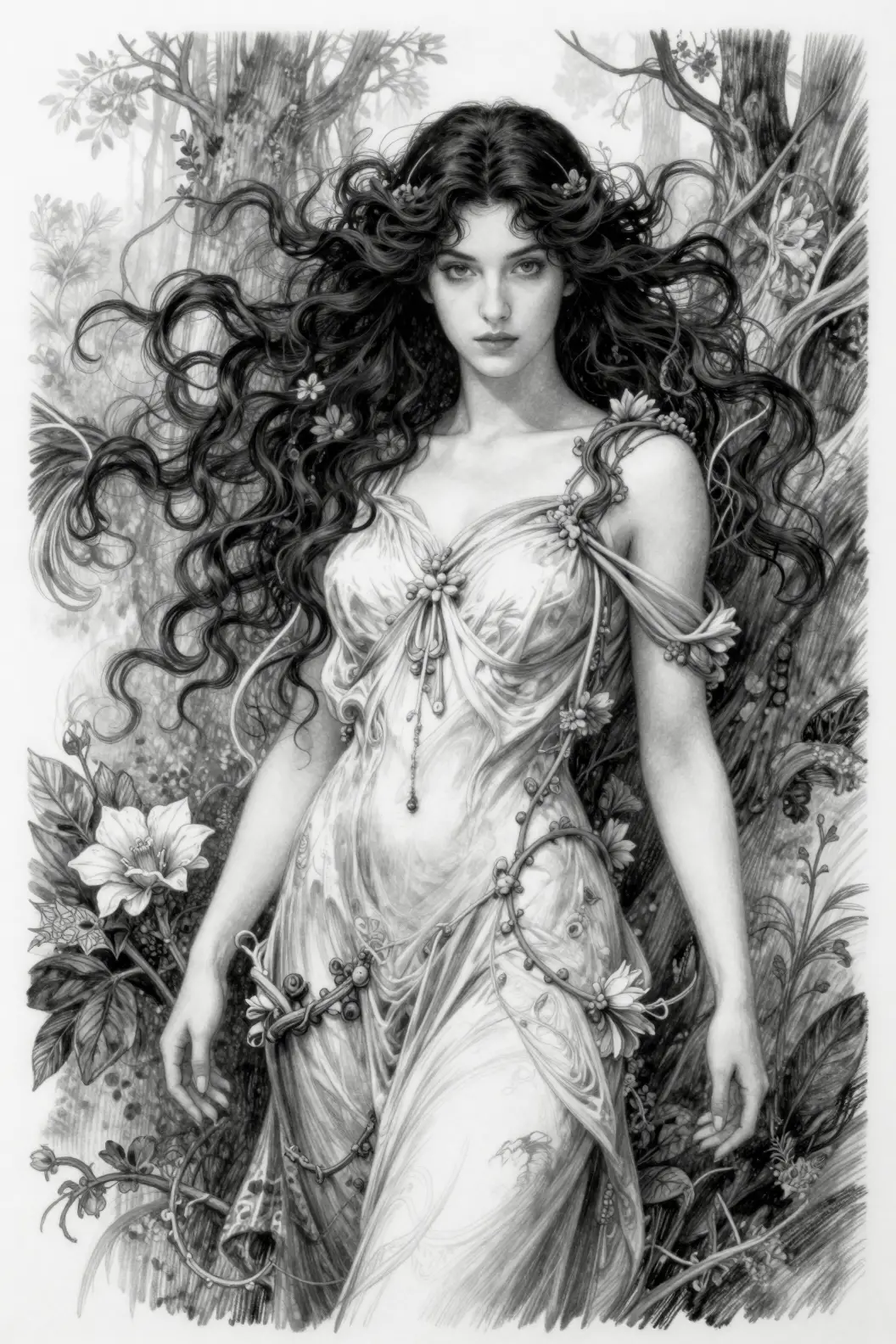 Ethereal woman in flowing garments within a mystical forest