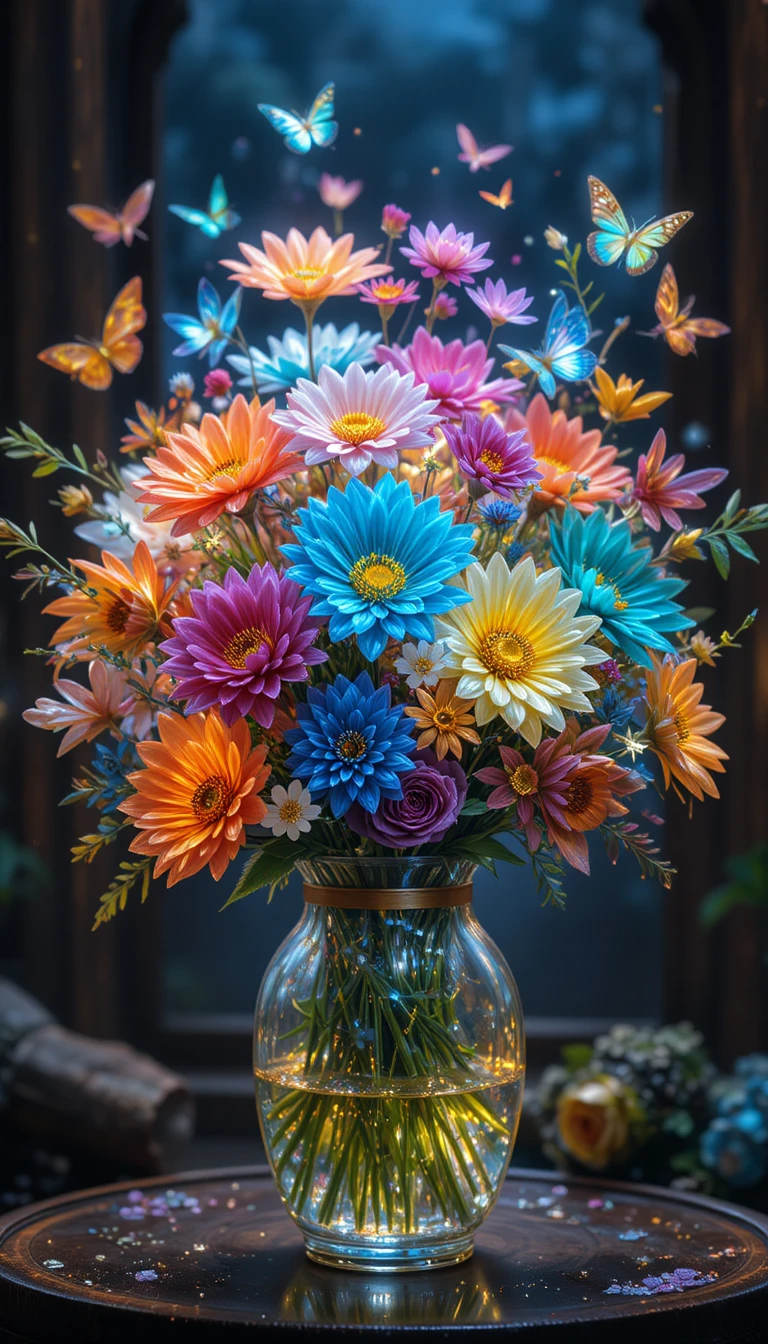 Crystal wildflower bouquet glowing with fluttering butterflies