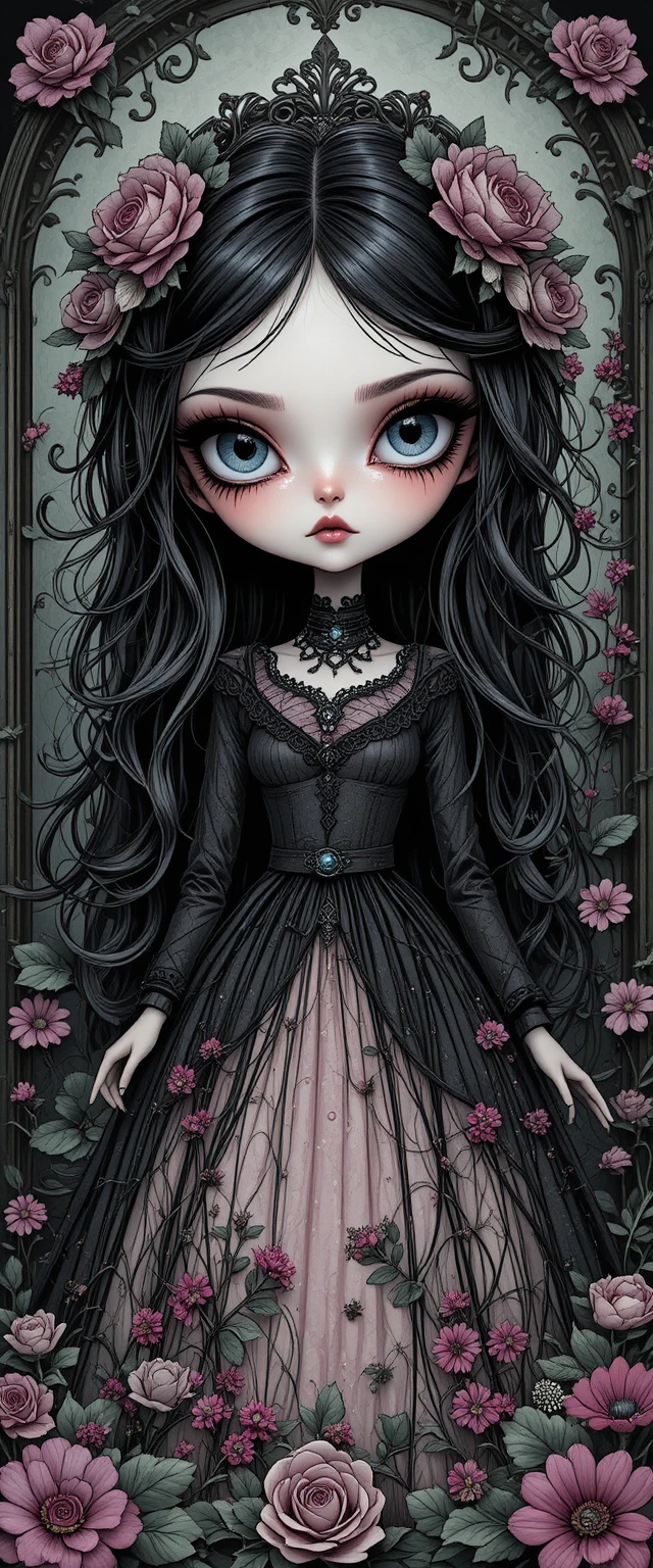 Gothic-Puppenmädchen mit porzellaner Haut und dunklem Haar