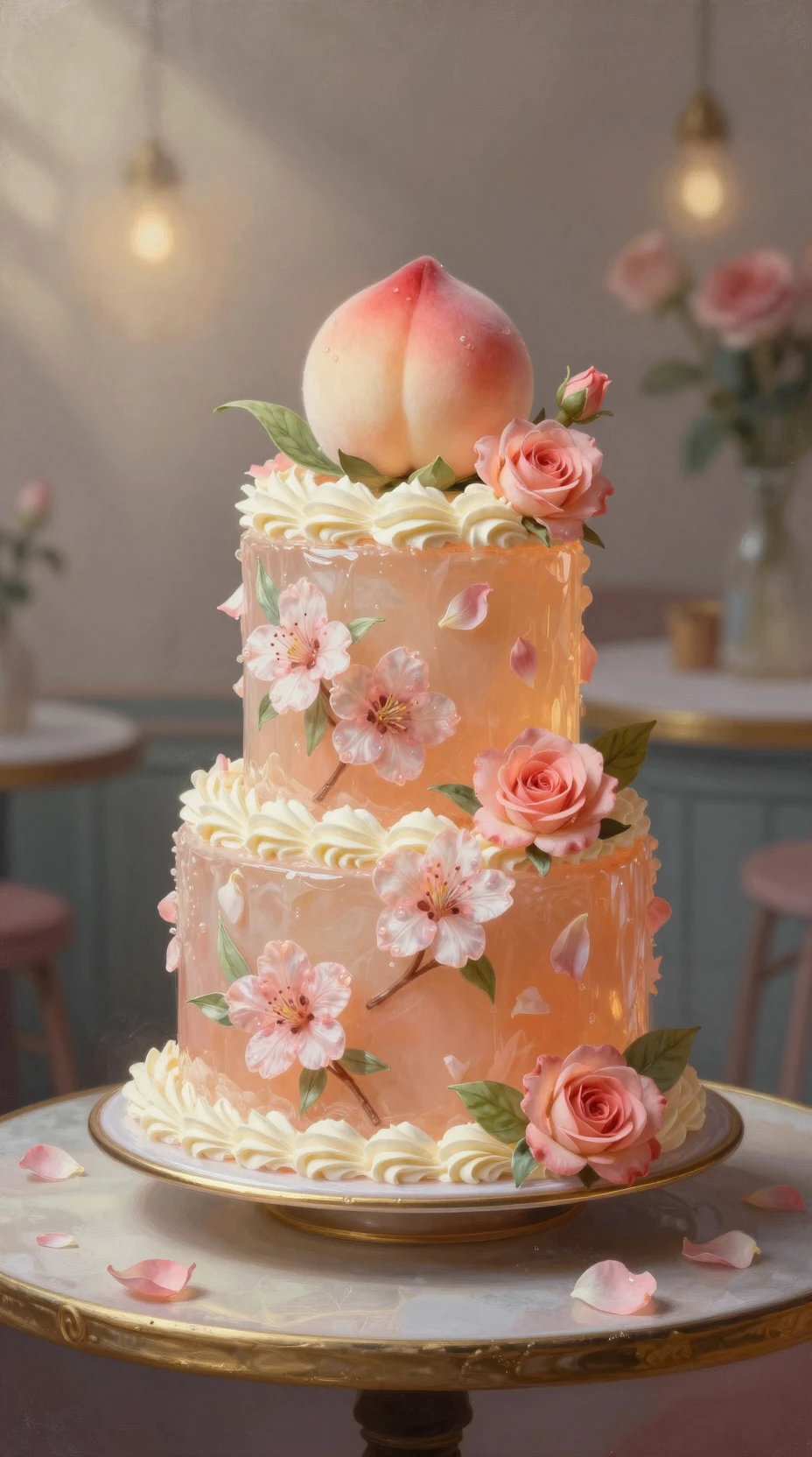 Dreamlike crystal peach cake still life in pastel tones