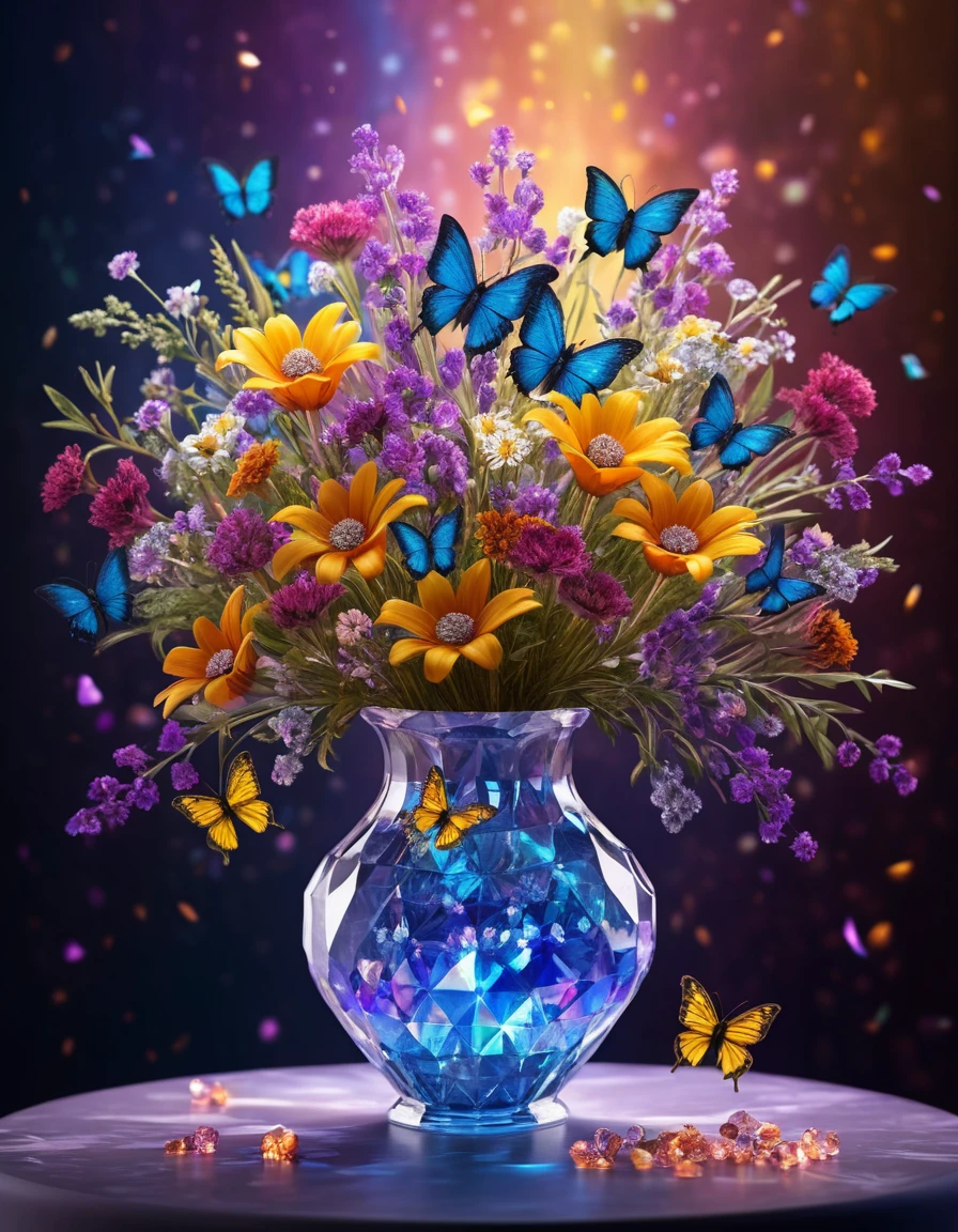 Kristall-Wildblumenstrauß, leuchtend mit flatternden Schmetterlingen