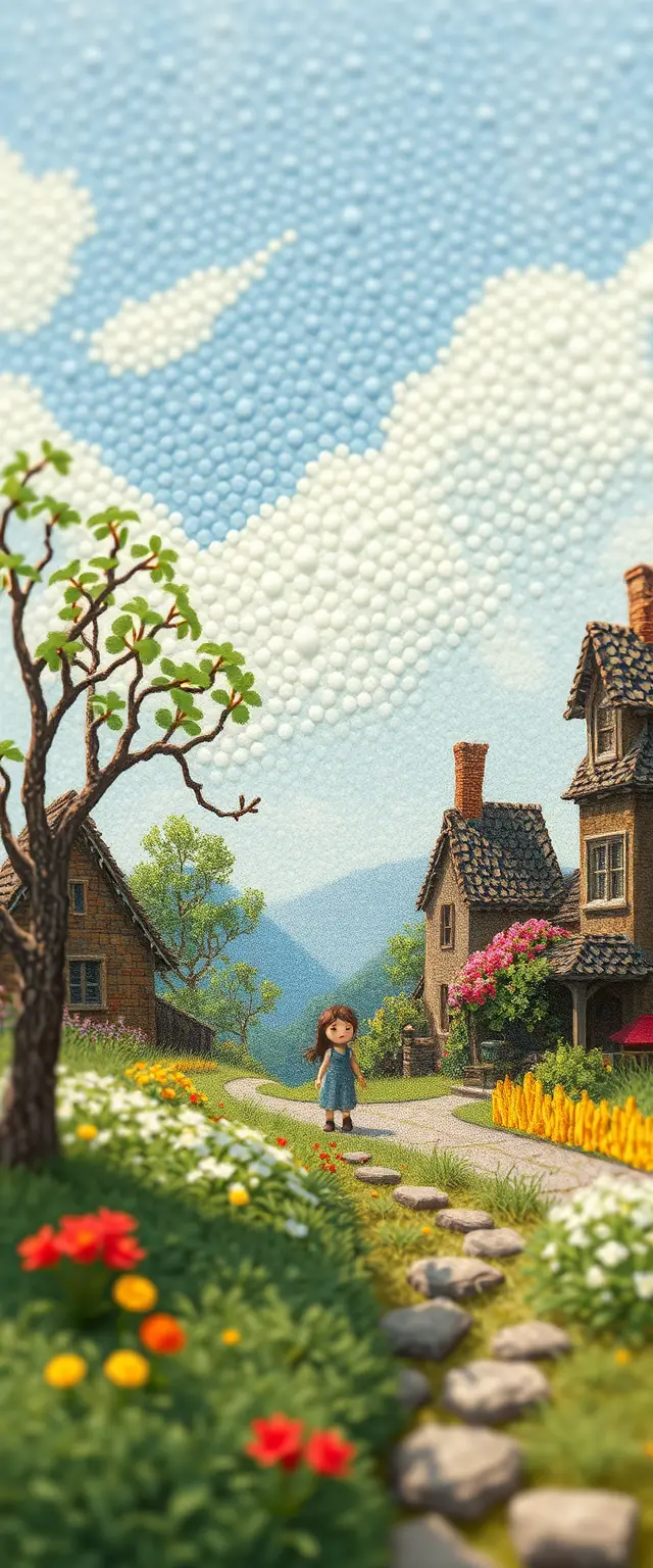 Paesaggio fantasy in miniatura con morbidi personaggi tipo peluche