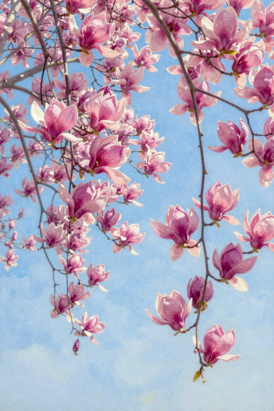 Flores de magnólia fúcsia contra um céu azul brilhante