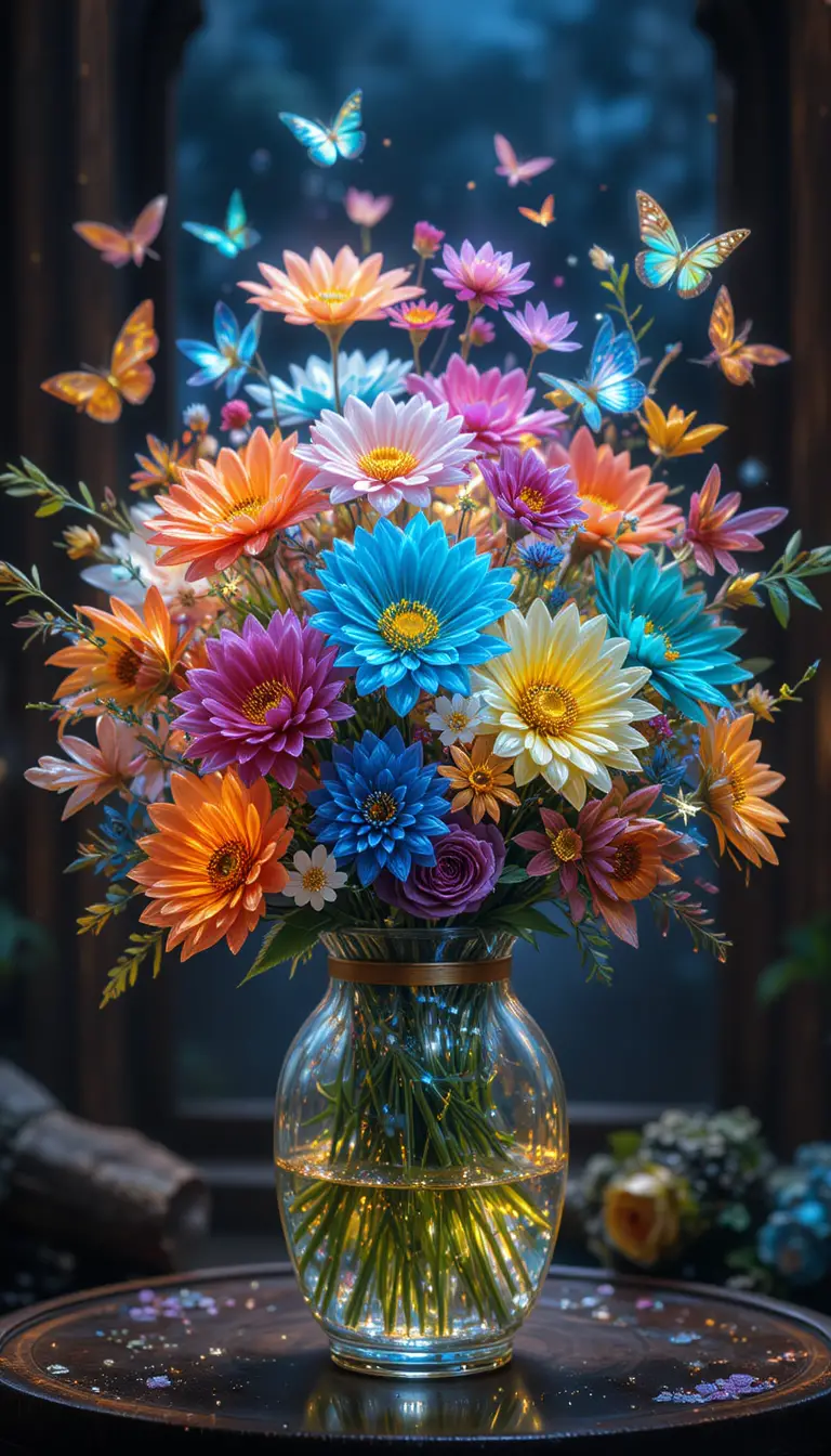 Crystal wildflower bouquet glowing with fluttering butterflies