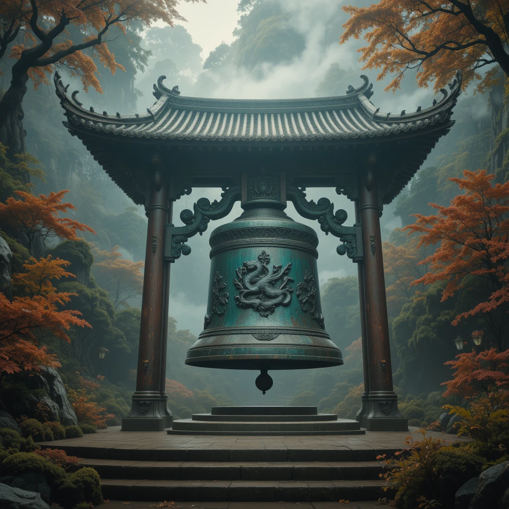 Sino de templo antigo em meio à névoa da floresta de outono e luz suave