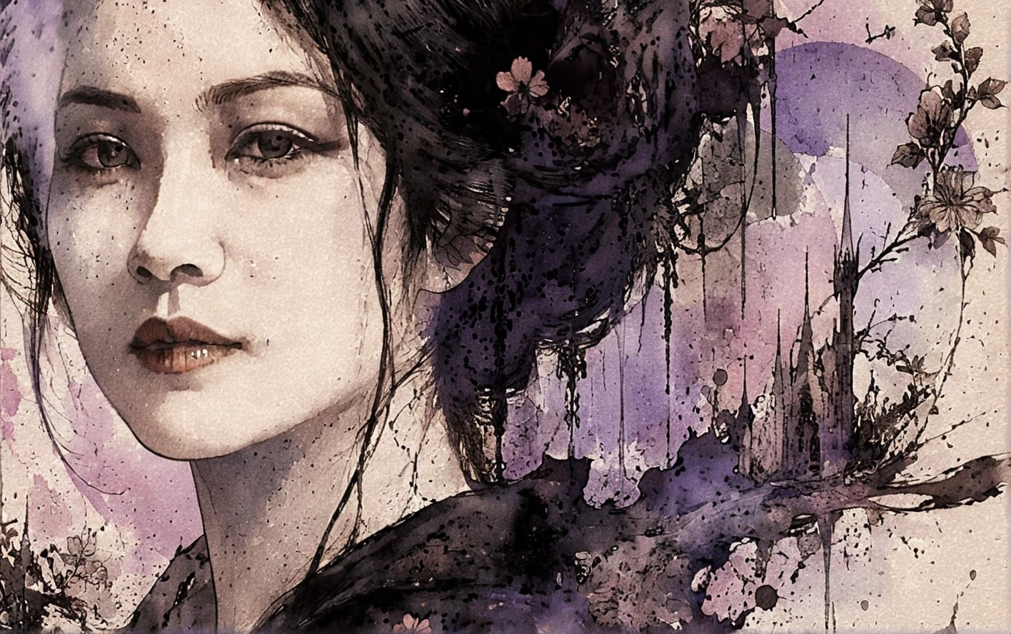 Mulher elegante de cabelos escuros em retrato gótico em nanquim
