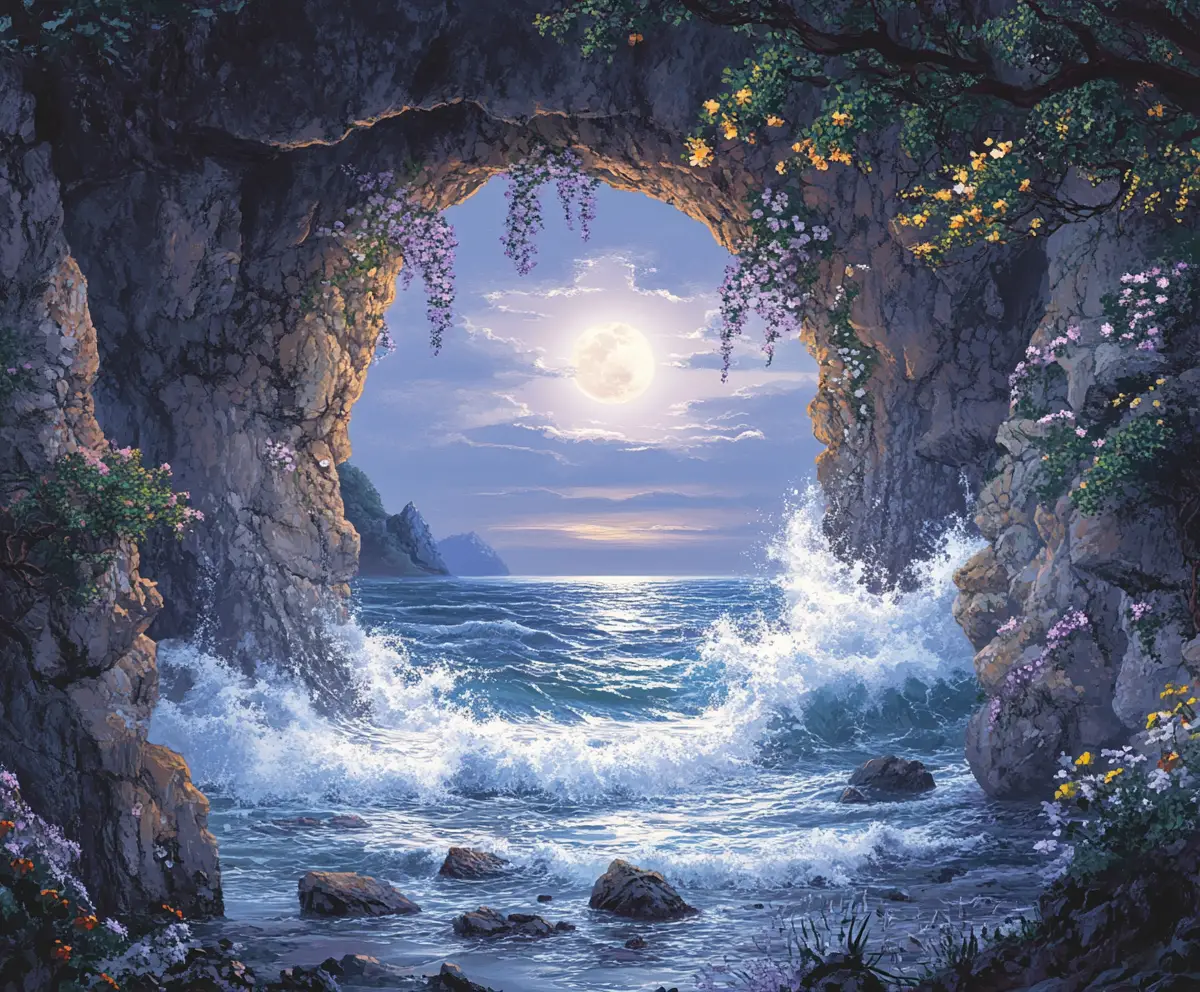 Moonlit coastal cave arch framing the rising full moon