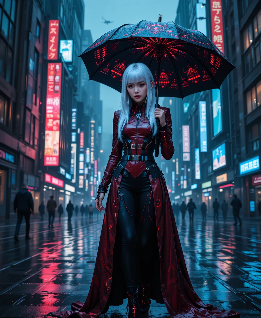 Mulher de cabelo branco com casaco vermelho em rua cyberpunk chuvosa