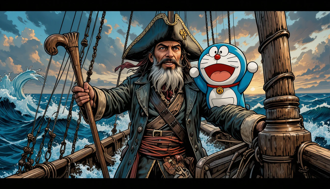 Capitaine Pirate et Chat Robot sur le Navire de l’Île au Trésor