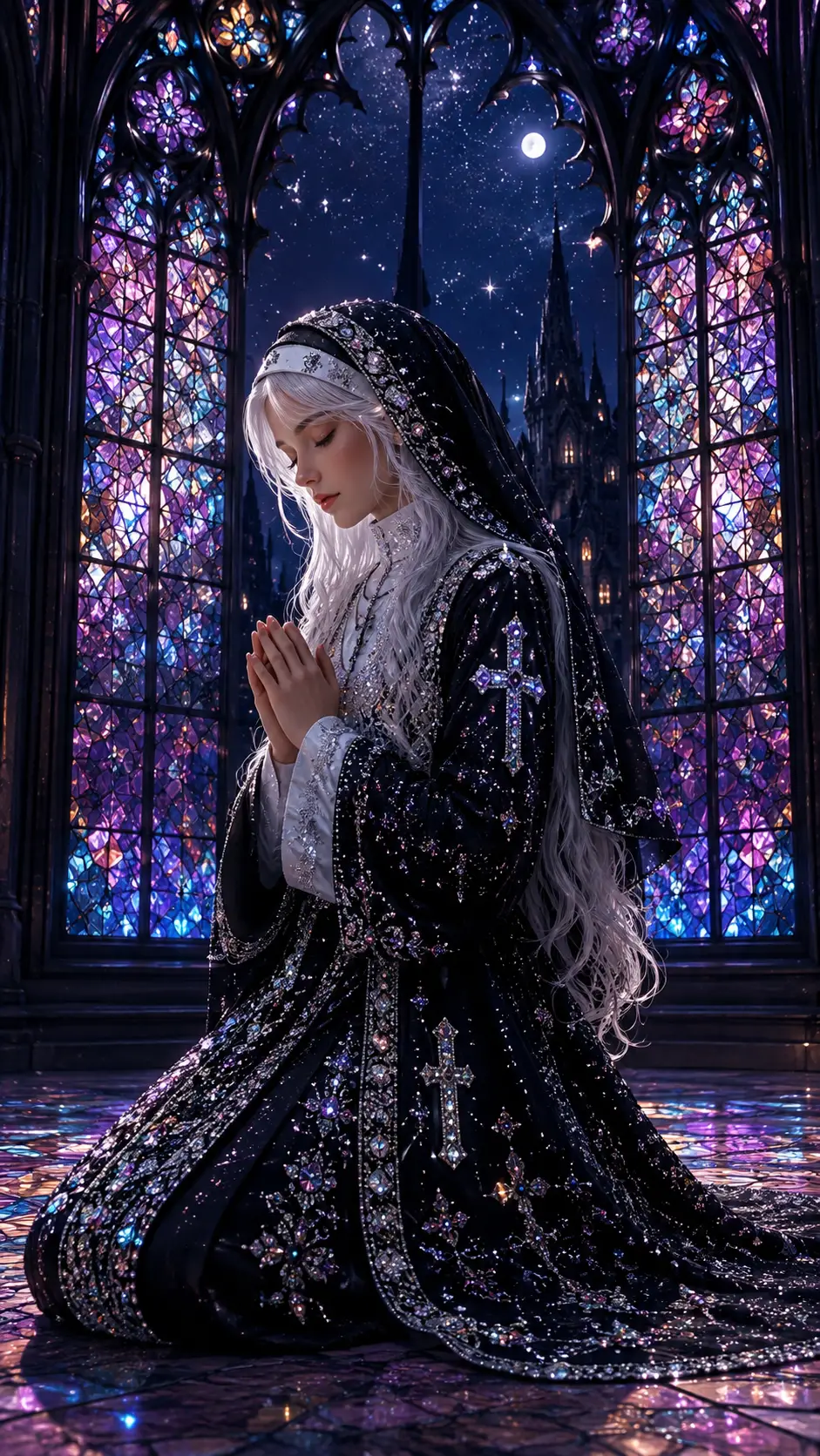 Platinum haired nun kneeling in glowing gothic interior