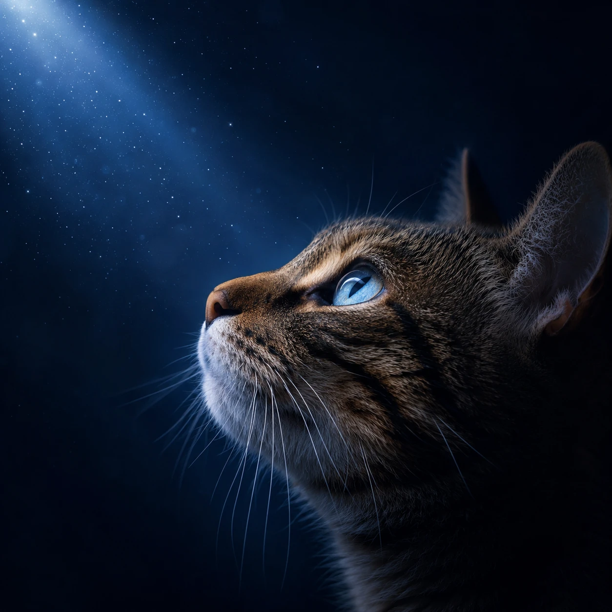 Braun gestreiftes Katzen Gesicht im Licht eines dreieckigen Sternenscheins