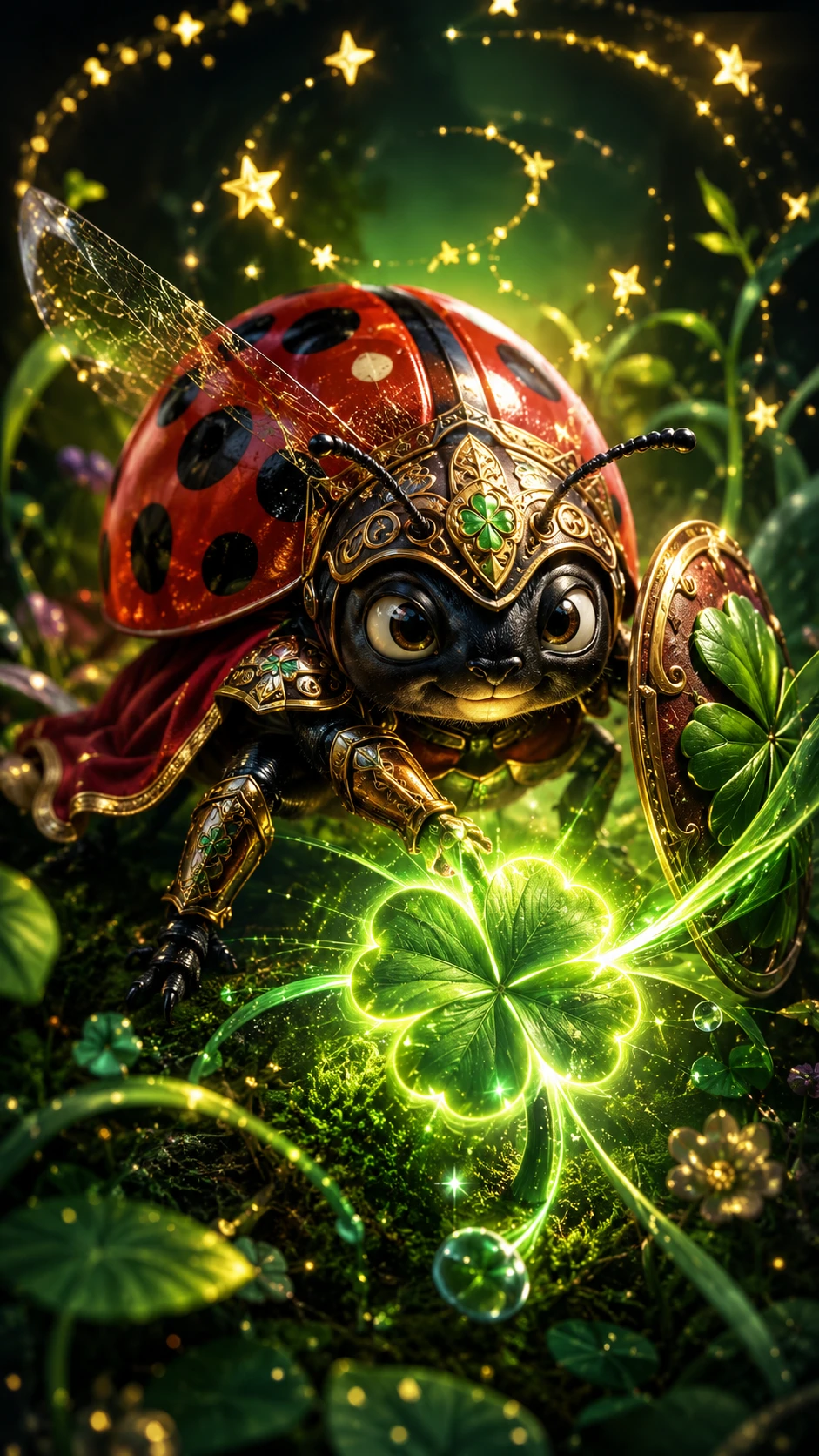 Coccinella corazzata che protegge un quadrifoglio luminoso