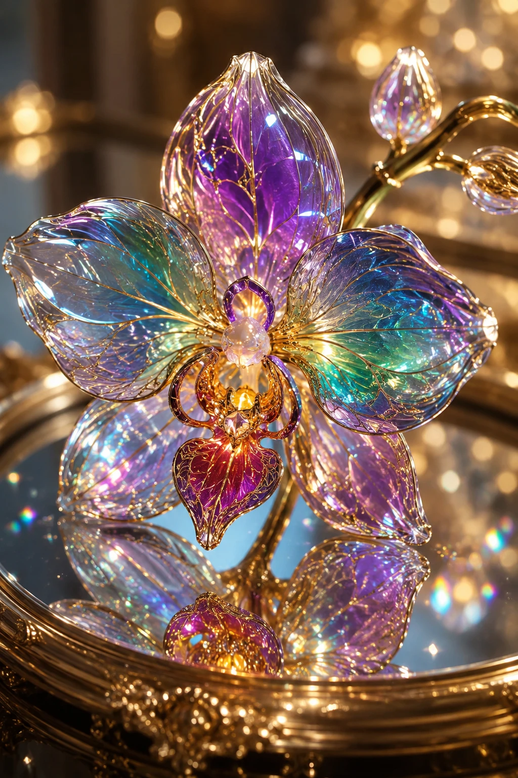 Scultura di orchidea di cristallo luminosa su tavolo di vetro a specchio