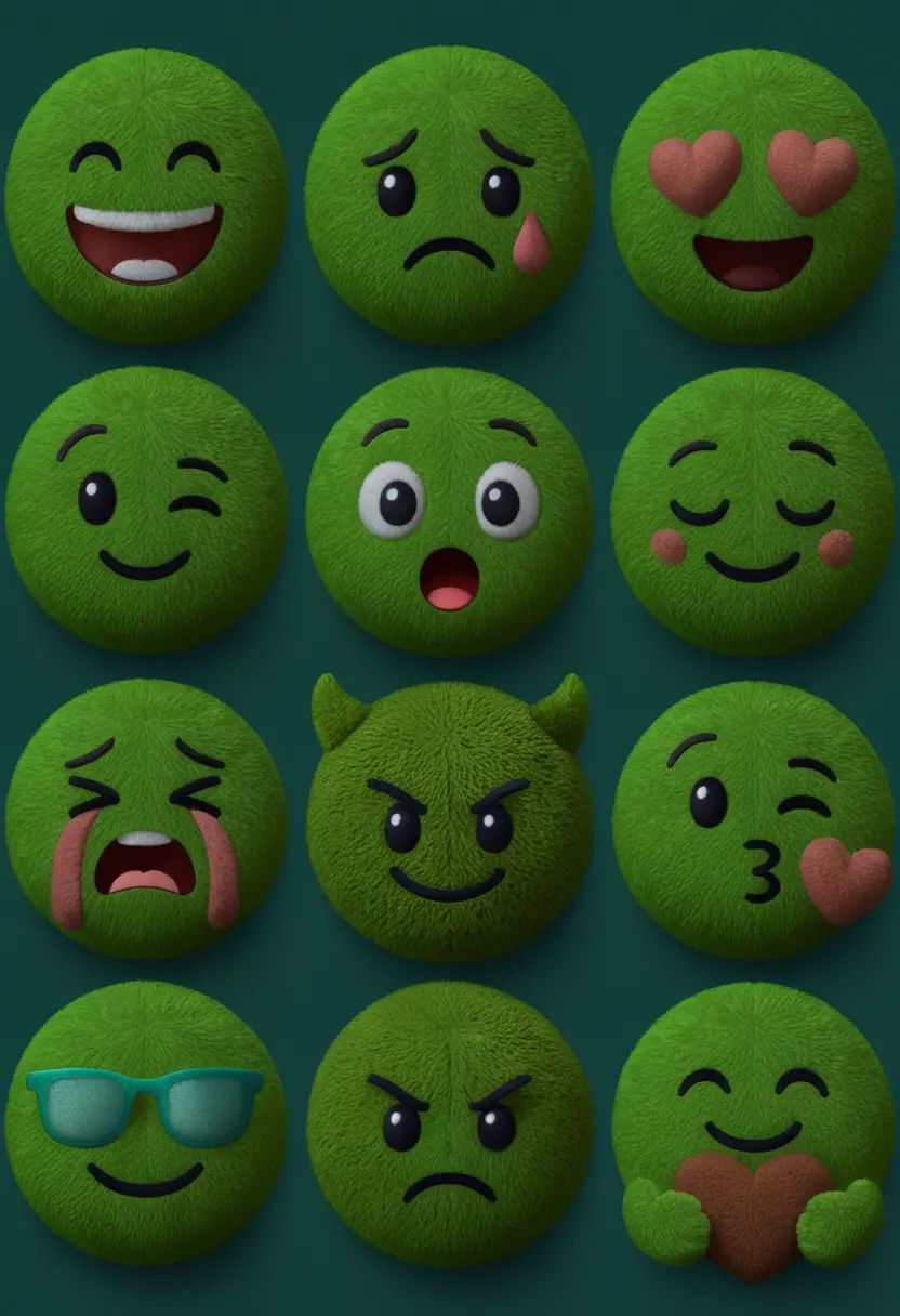 Fluffy 3D emoji faces arranged in a simple grid