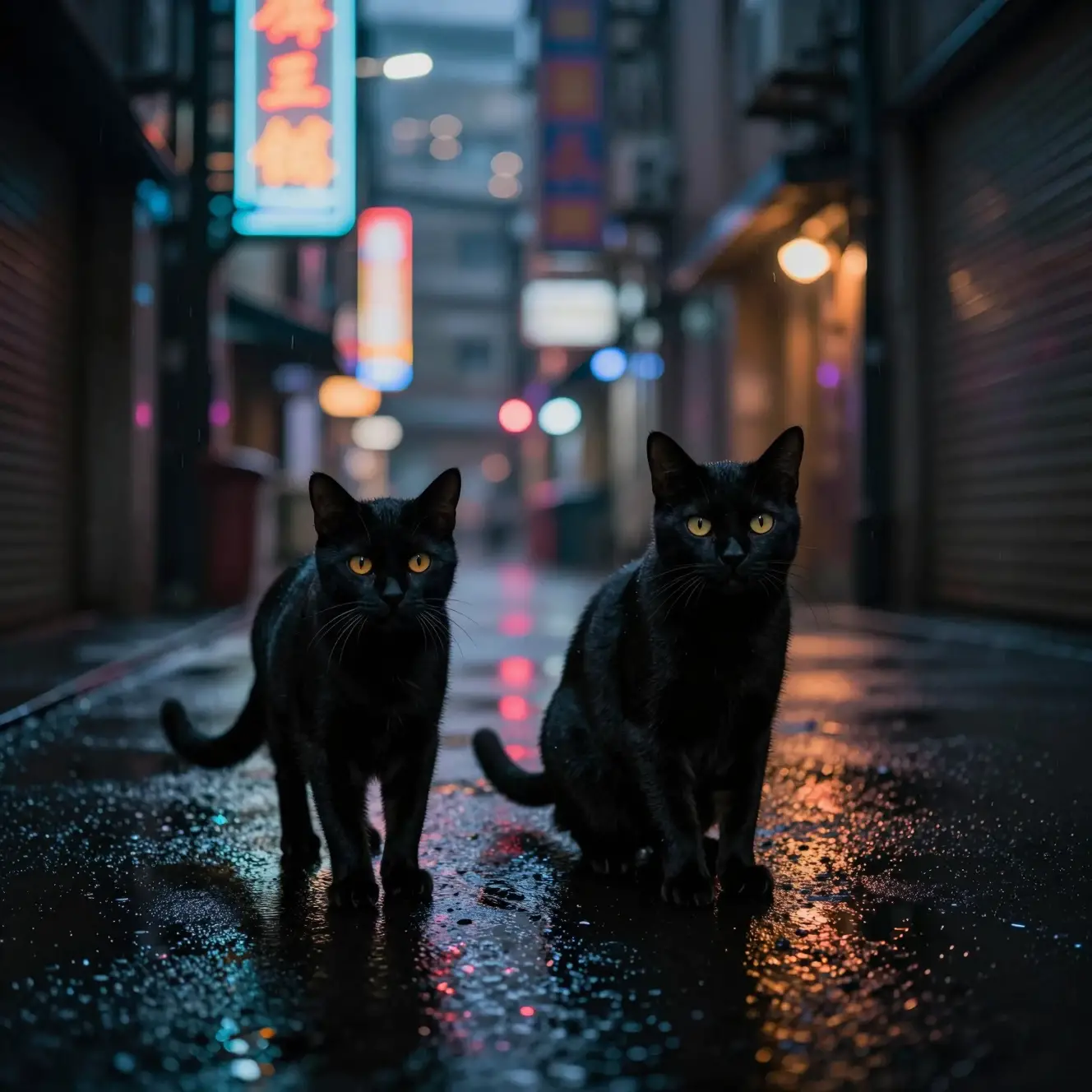 Two cats walking through a neon lit rainy city alley