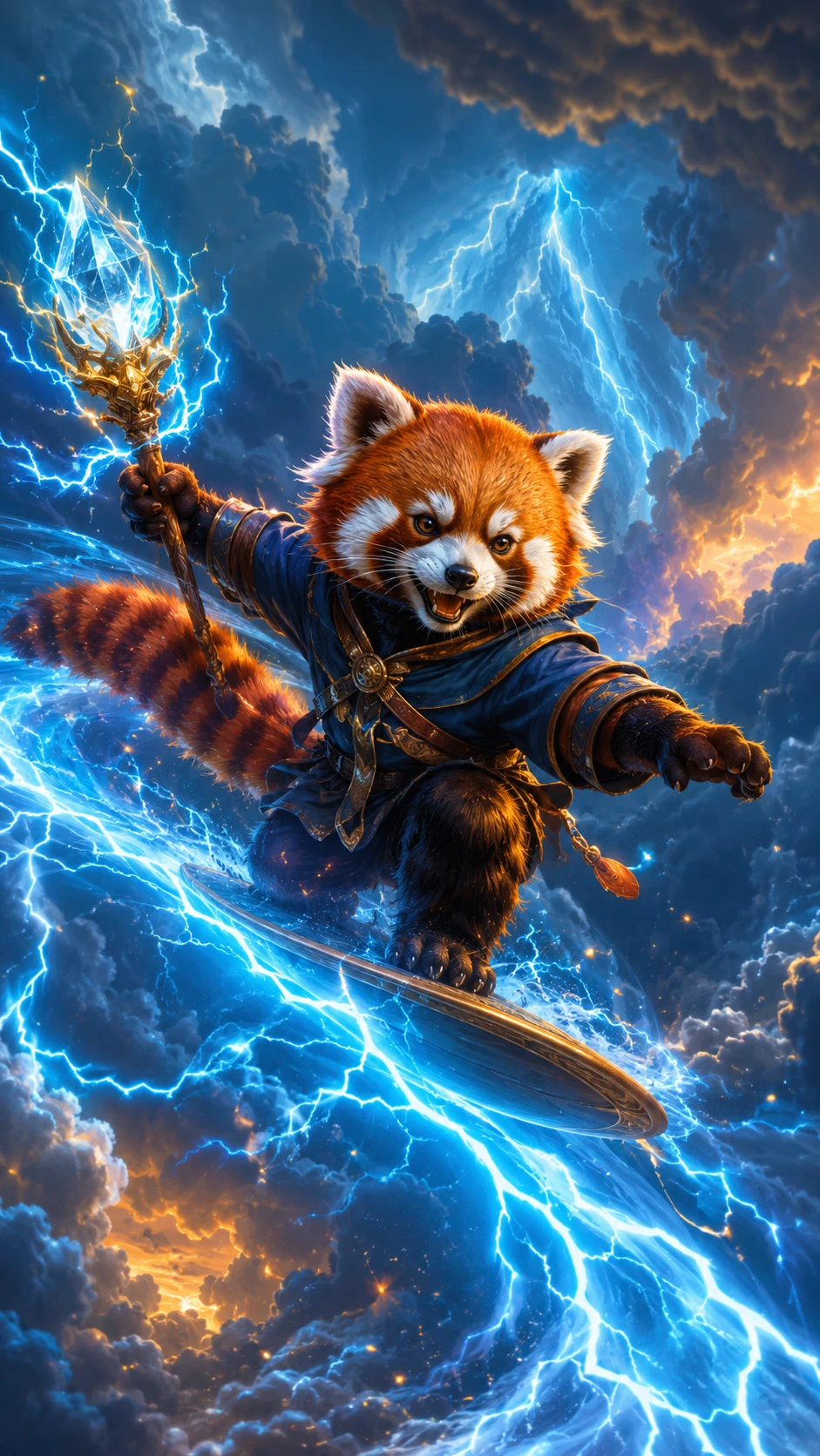 Panda rosso eroico che fa surf sui fulmini tra le nubi tempestose