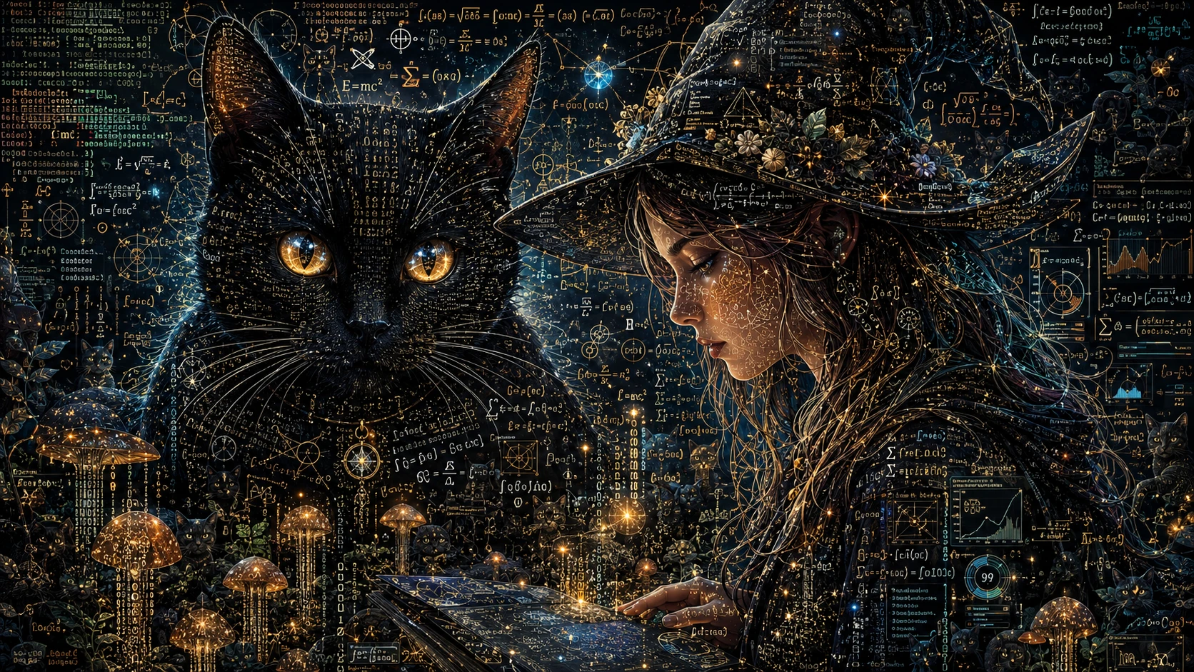 Chat noir aux yeux brillants aux côtés d’une sorcière envoûtante