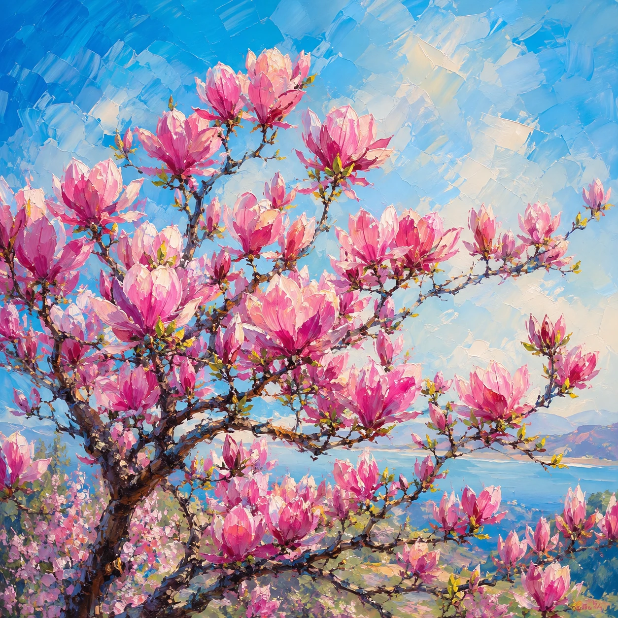 Branches de magnolia en fleurs sous un ciel bleu doux