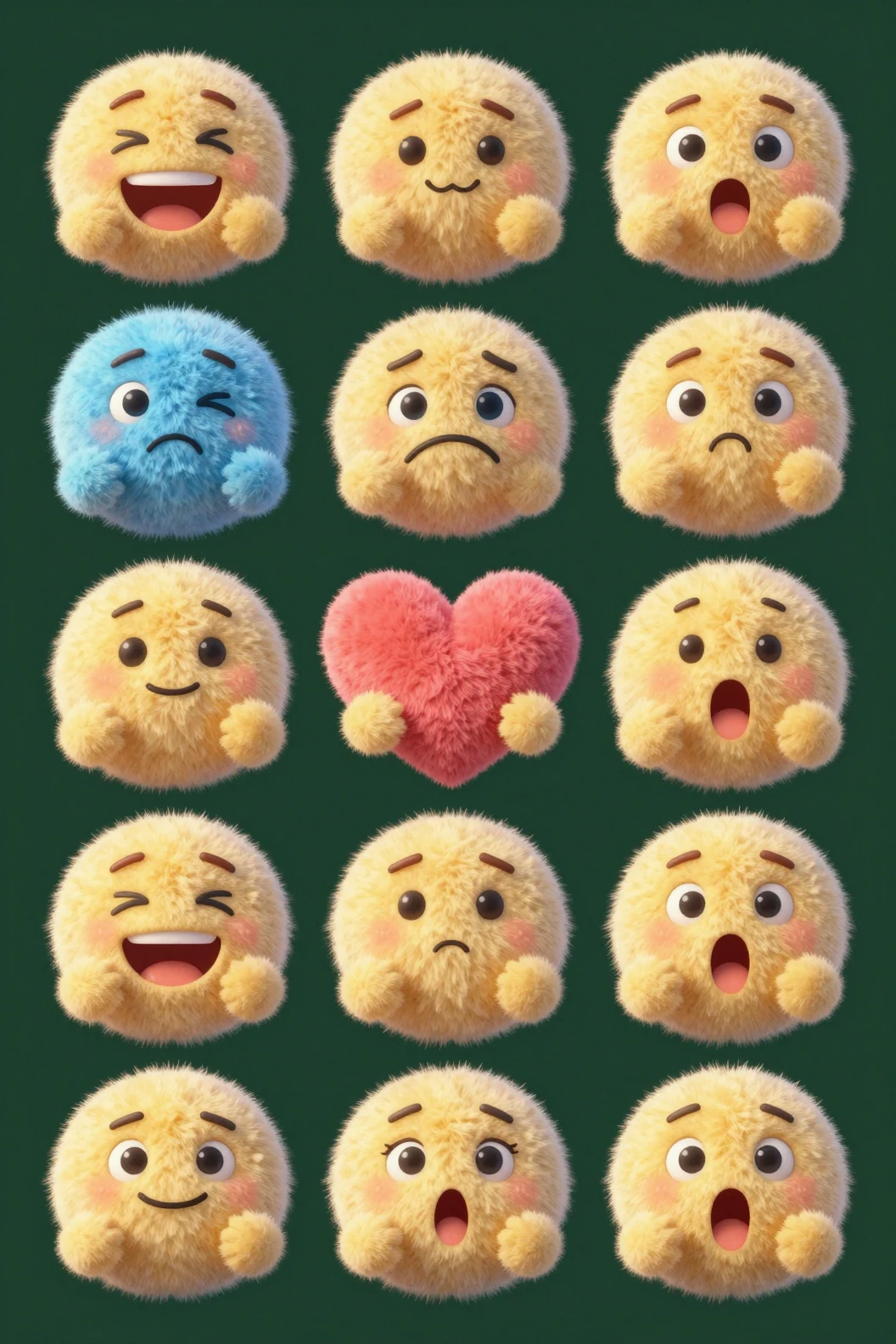 Grille fantaisiste d’emojis 3D sur fond vert foncé en peluche