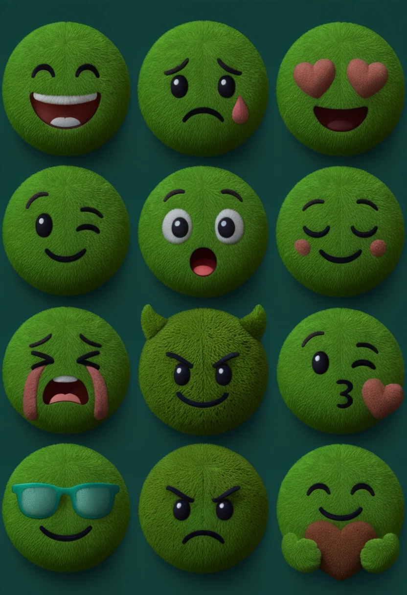 Fluffy 3D emoji faces arranged in a simple grid