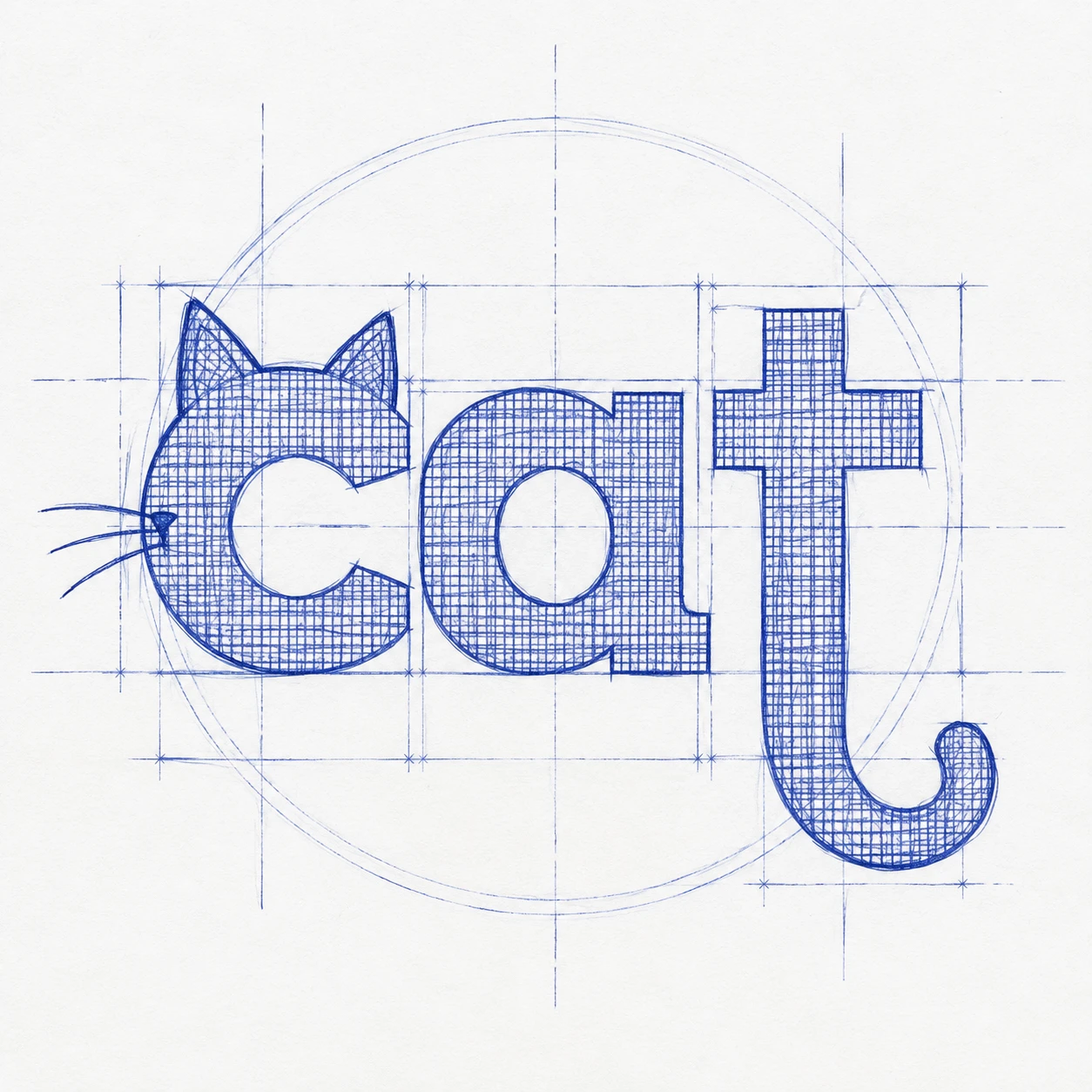Schizzo tipografico disegnato a mano a tema gatto con linee da blueprint